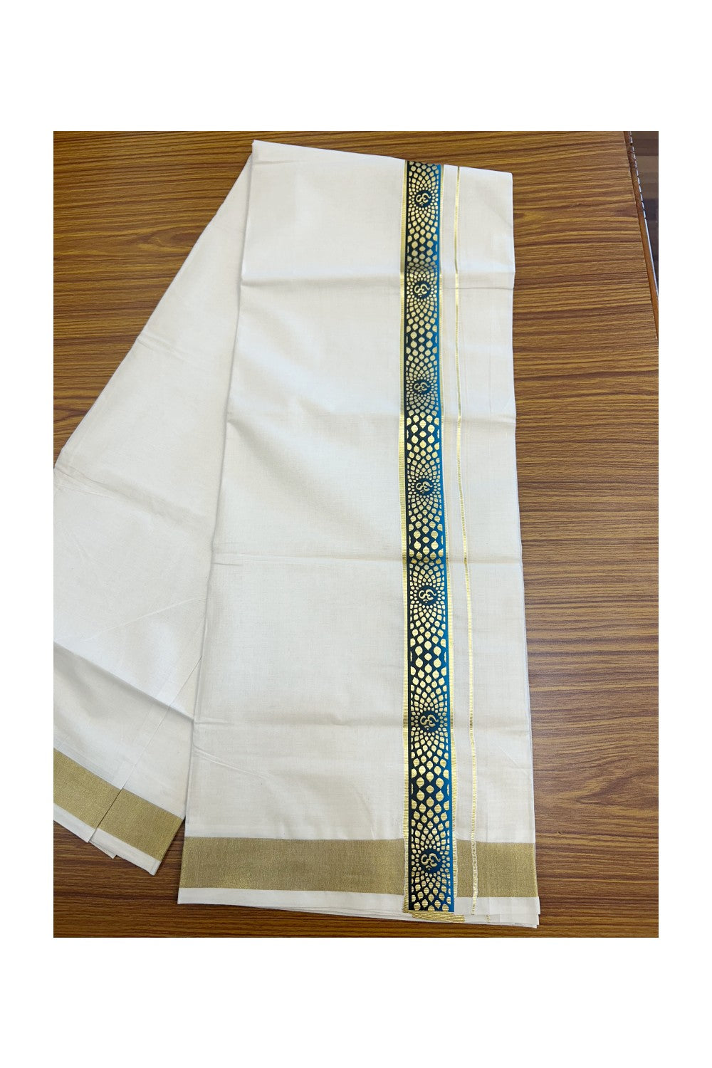 19% Discount !! KaithariKada Balaramapuram 100% Cotton Double Off white - (Unbleached) Mundu/Dhoti-100X80- 1.5 inch Hand Painted Kasavu Peacock Blue & Black OHM Design Kara- 1KK5135GAN