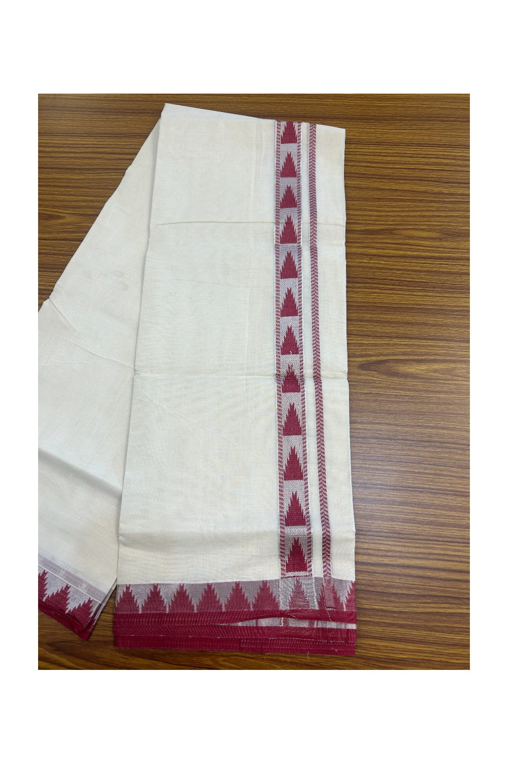 20% DISCOUNT ! KaithariKada Balaramapuram 100% Cotton Double off white  (Unbleached) Mundu/Dhoti - 100X90 - 1.5 inch Silver kasavu & Magenta Red Temple design kara - 1KK5147PMC