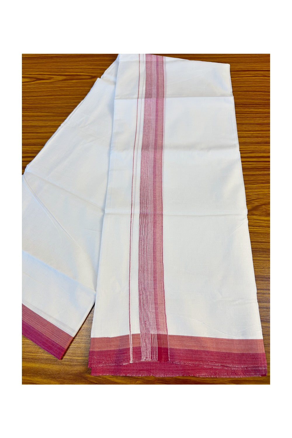 21% DISCOUNT!! Kaitharikada Balaramapuram 100% Cotton Ultra WHITE Double Mundu/Dothi-100x80  2.25 Inch PINK & WHITE STRIPED Cotton Kara -1KK63VAS.