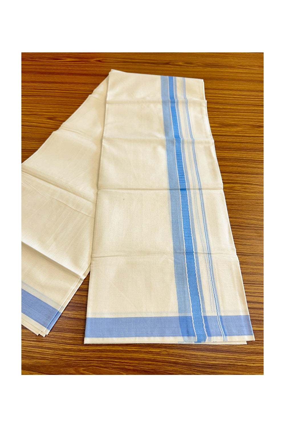 21% DISCOUNT ! KaithariKada Balaramapuram 100% Cotton Double Off white Mundu/Dhoti-100X100-1.5 inch SKY BLUE & WHITE KARA Kara-1KK76MC .