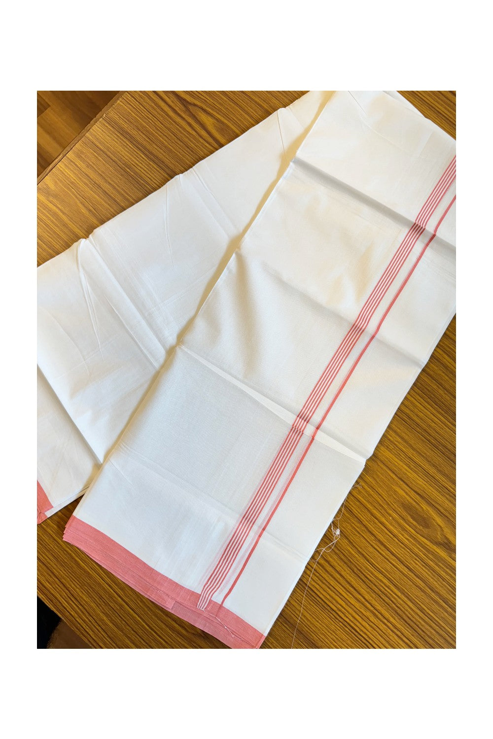 26% DISCOUNT!!! KaithariKada Balaramapuram 100% Cotton Double PURE white Mundu/Dhoti-100x100  PINK Striped kara - 1KK84CEE