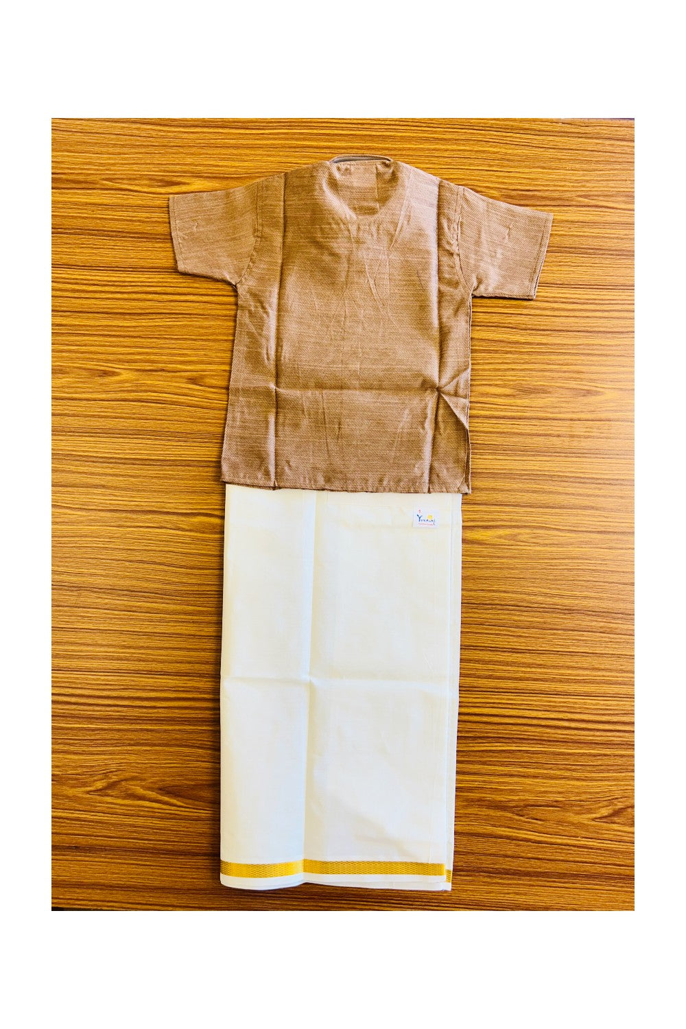 10% DISCOUNT !!! Yuvraj-Traditional South Indian Kids Shirt & Dhoti- Brown Shirt Off white Kasavu Dhoti Age 1- 1KK89YUV1