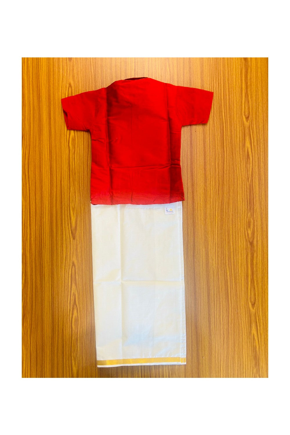 10% DISCOUNT !!! Yuvraj-Traditional South Indian Kids Silk Shirt & Dhoti- Red Shirt Off white Kasavu Dhoti Age 2 - 1KK96YUV2.