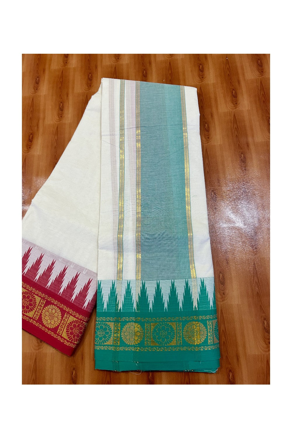 36% DISCOUNT! KaithariKada  Cotton Mix .Off White - (Unbleached)  80x80 thread - 80% Cotton & 20 Polyester -NORTH INDIAN  ATTACHED GAMCHA 9X5 Dhoti 6 inch Green Kasavu kara with Red Green Kasavu border  - 1KK5005PMC