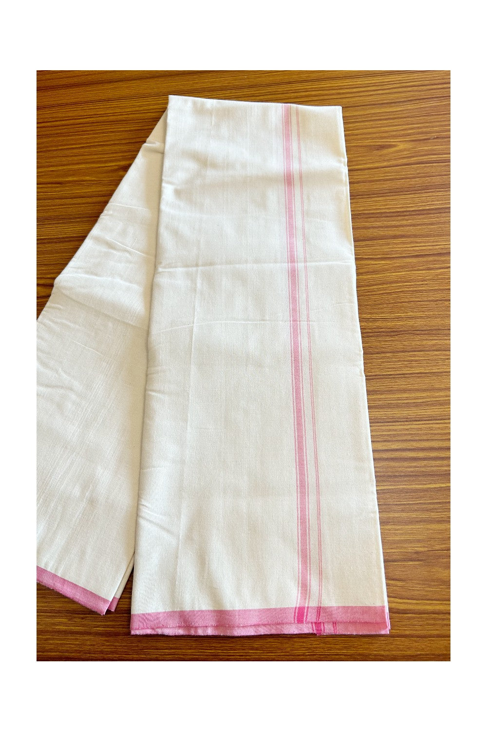 SIGNATURE KAITHARIKADA EXCLUSIVE SINGLE DHOTI - 100% Cotton Balaramapuram HANDLOOM Single Mundu/Dhoti - Off White - (Unbleached) 0.75inch Pink Striped Kara- 1KK5026KAI