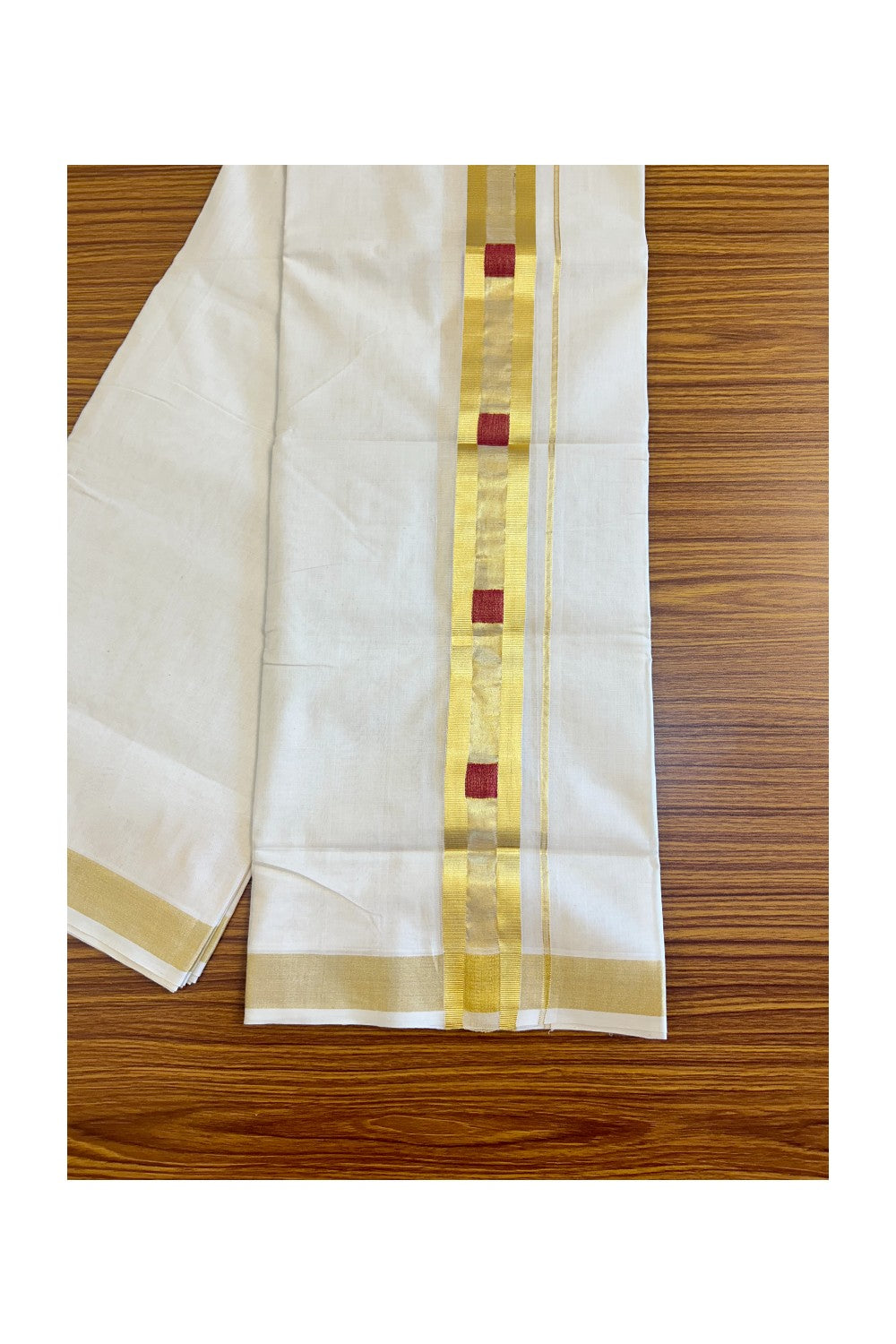 15% Discount!!! KaithariKada HANDLOOM UNAKKUPAAV Balaramapuram - 100% PURE Cotton off white Double Mundu/Dhoti - 2.5 inch Kasavu with centre tissue &  Red sqaure designed kara - 1KK415SOM