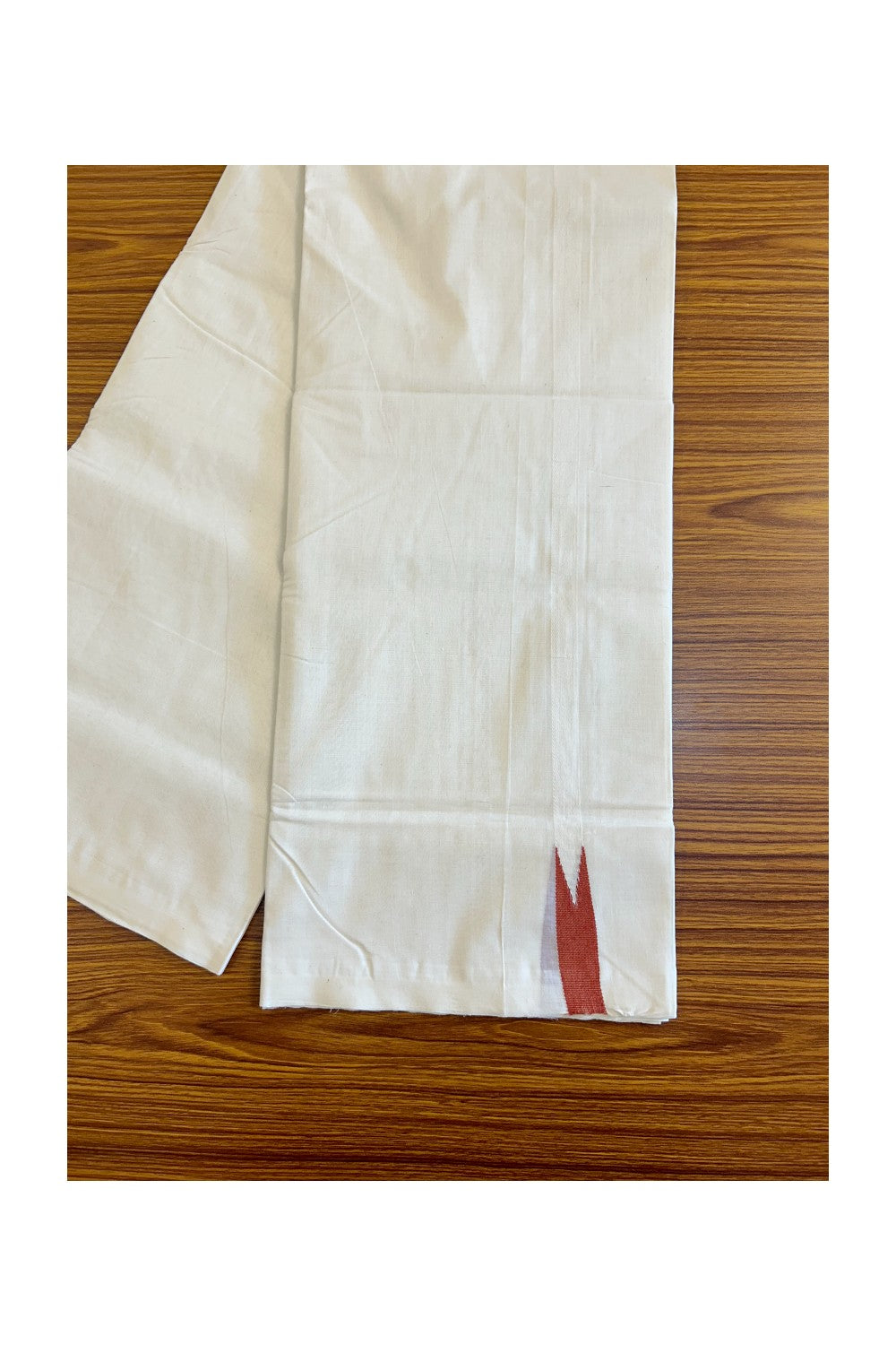 21% DISCOUNT!! KaithariKada HANDLOOM Unakkupaav Balaramapuram - 100% PURE Cotton OFF White (Unbleached) Double Mundu/Dothi -0.75inch  White kara Dark Brick Red puliyilakkara Chutty - 1KK420RAM