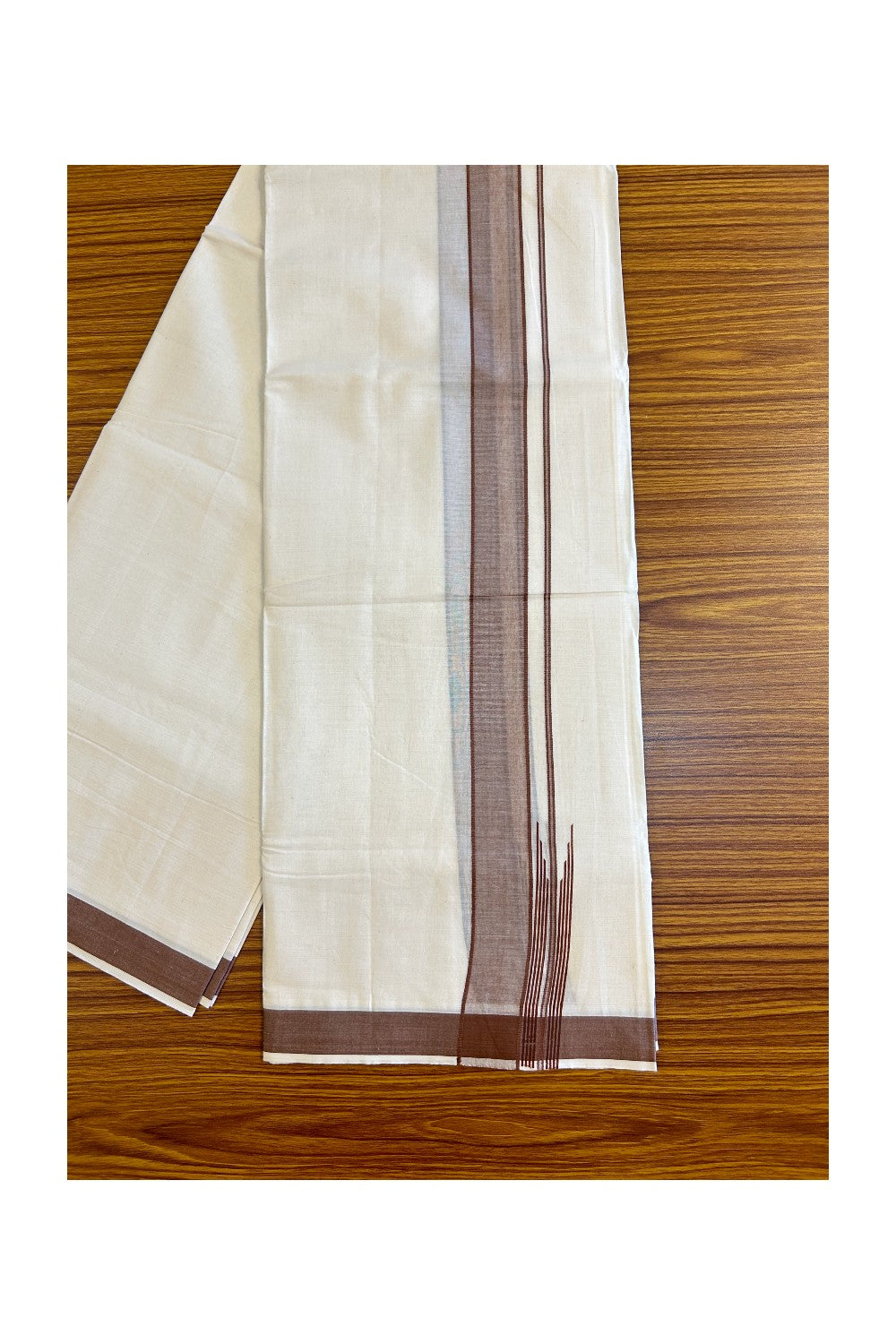 ONAM OFFER 22%! KaithariKada Exclusive 100% PREMIUM Cotton OFF WHITE (Unbleached) Double Dhoti/Mundu- Cotton Brown Kara Printed Striped Chutty - 1KK426MC