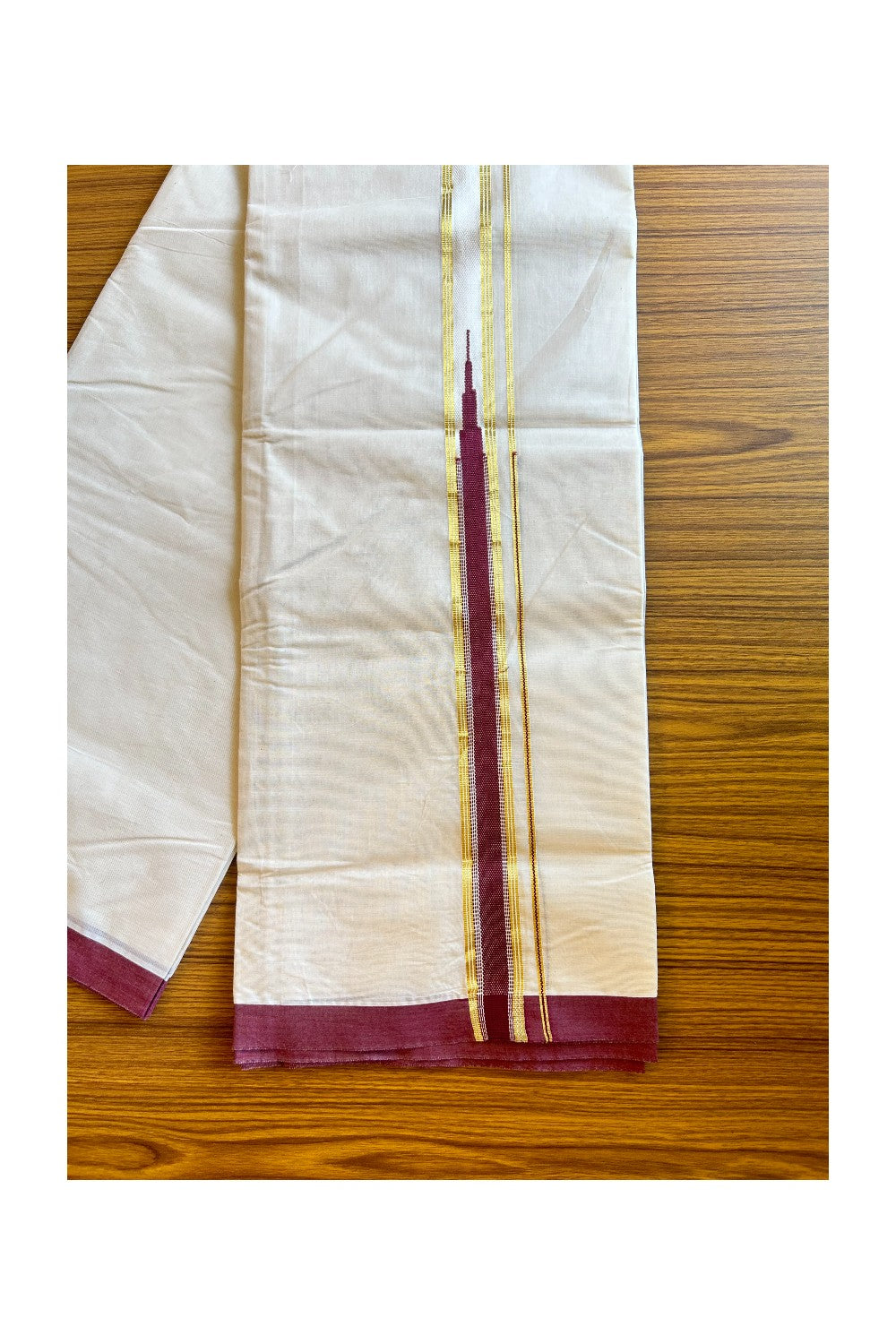 25% Discount !!KaithariKada Balaramapuram 100% Cotton off white (Unbleached) Double Mundu/Dhoti-100x100 1.75 inch Heavy Chutty  Kasavu & Wine Red kara - 1KK429ASH