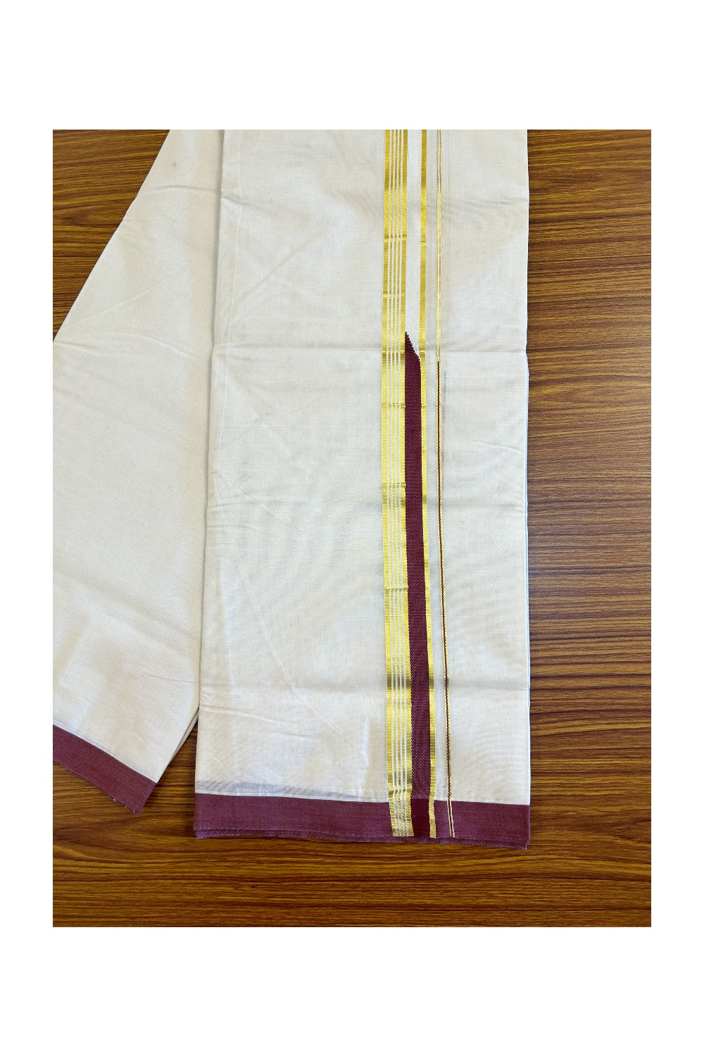 15% DISCOUNT! KaithariKada Balaramapuram 100% Cotton Double Off white (Unbleached) Mundu/Dhoti-100x100 2 inch Chutty Heavy Designer Vine Red & Kasavu Kara-. 1KK446ASH