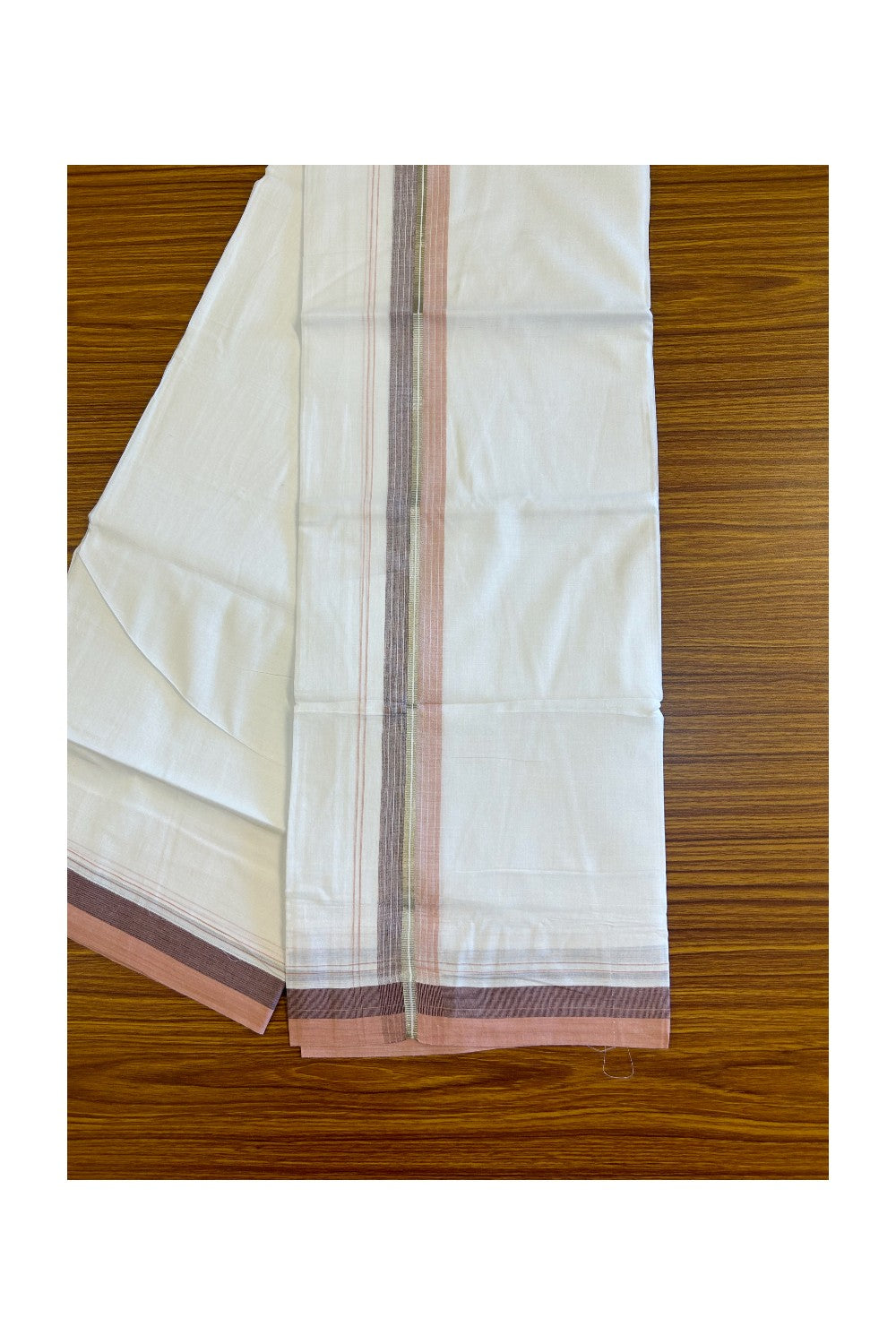 28% DISCOUNT!!! KaithariKada Balaramapuram 100% Cotton PURE white Double Mundu/Dhoti-100x90   2 Inch Silver kasavu Peach & Purple shaded stripes kara  - 1KK448VIN