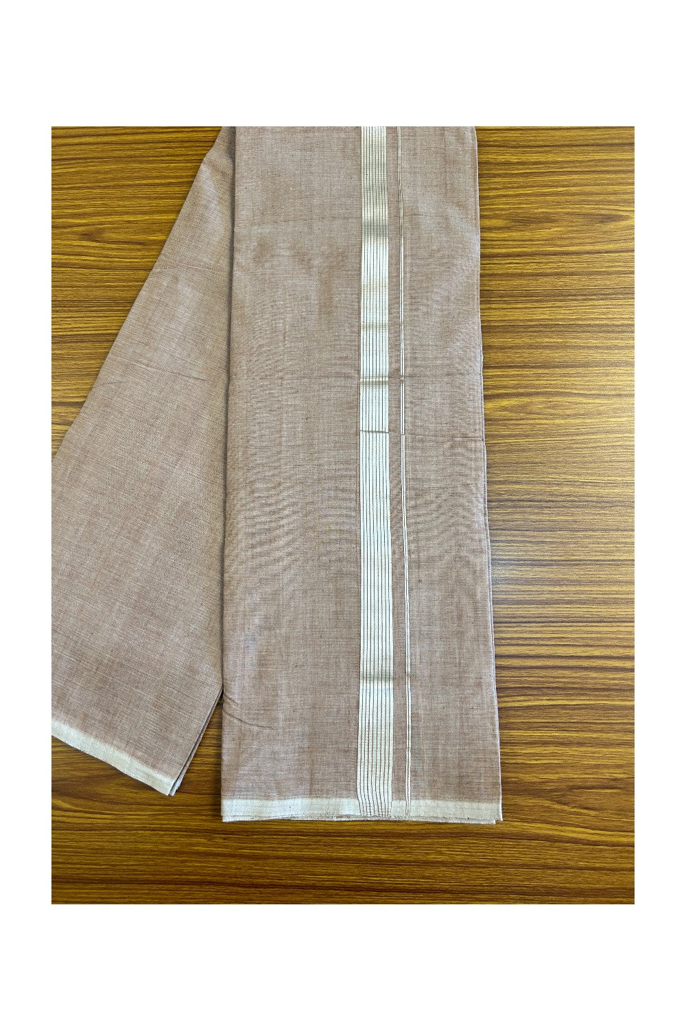 15% Discount! KaithariKada Handloom 100% Cotton Double Mundu/Dhoti - Brown Colour Body & Silver Striped 1.5inch Kara 3.80 mtr - 1KK452SOM