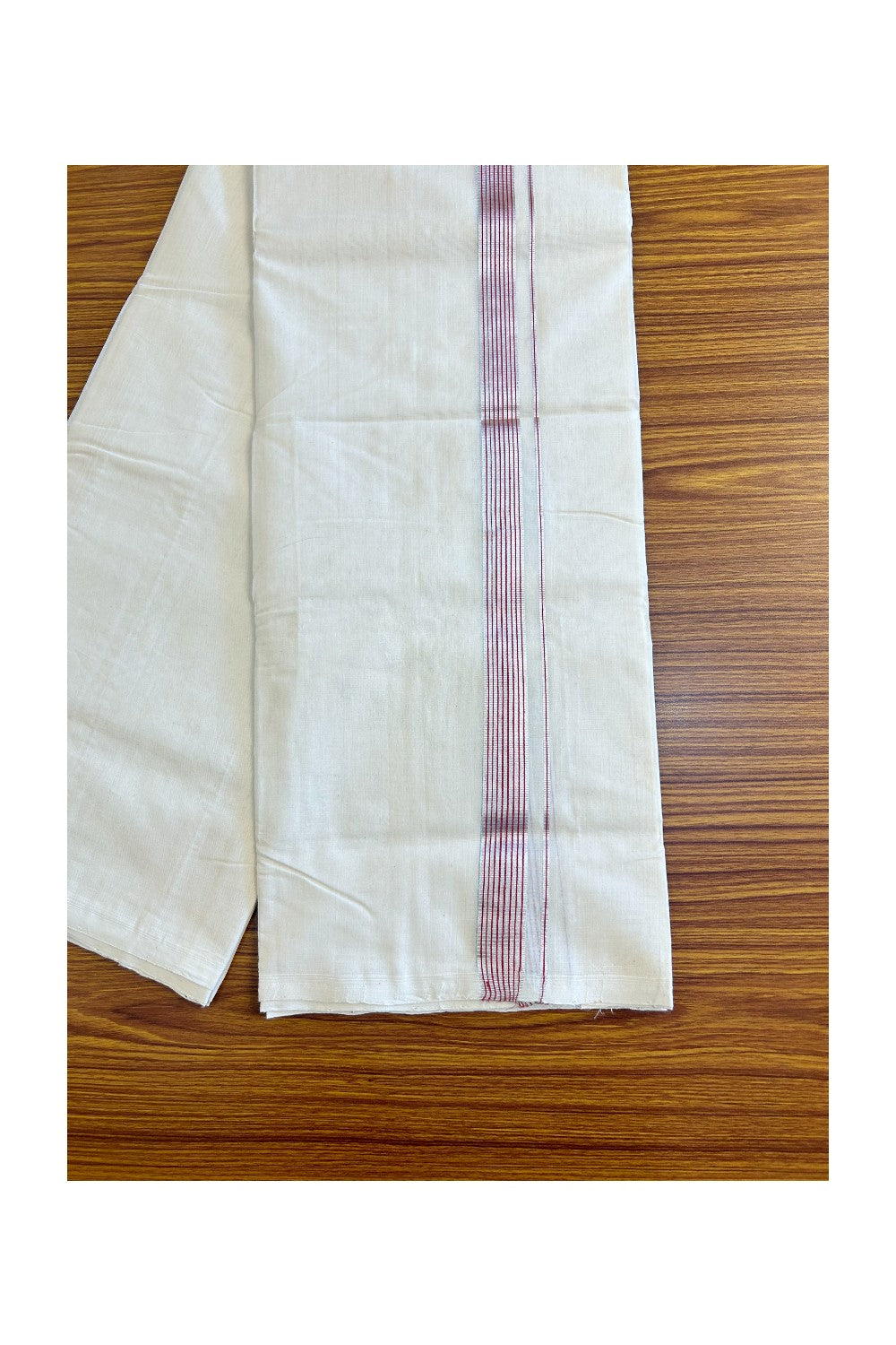 15% DISCOUNT!! KaithariKada HANDLOOM UNAKKUPAAV Balaramapuram - 100% PURE Cotton OFF White (Unbleached) Double Mundu/Dothi -  Red & Silver kasavu Striped kara - 1KK458SOM