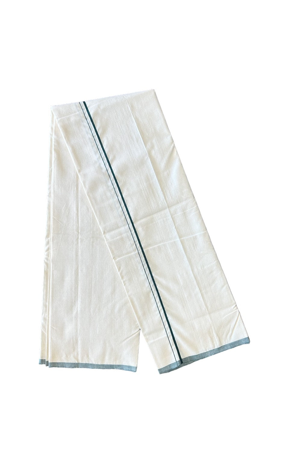 SIGNATURE KAITHARIKADA EXCLUSIVE SINGLE DHOTI - 100% Cotton Balaramapuram HANDLOOM Single Mundu/Dhoti - Off White - (Unbleached)1.5 cm GREEN Kara (2 metre / 4 muzham) - 1KK467KAI