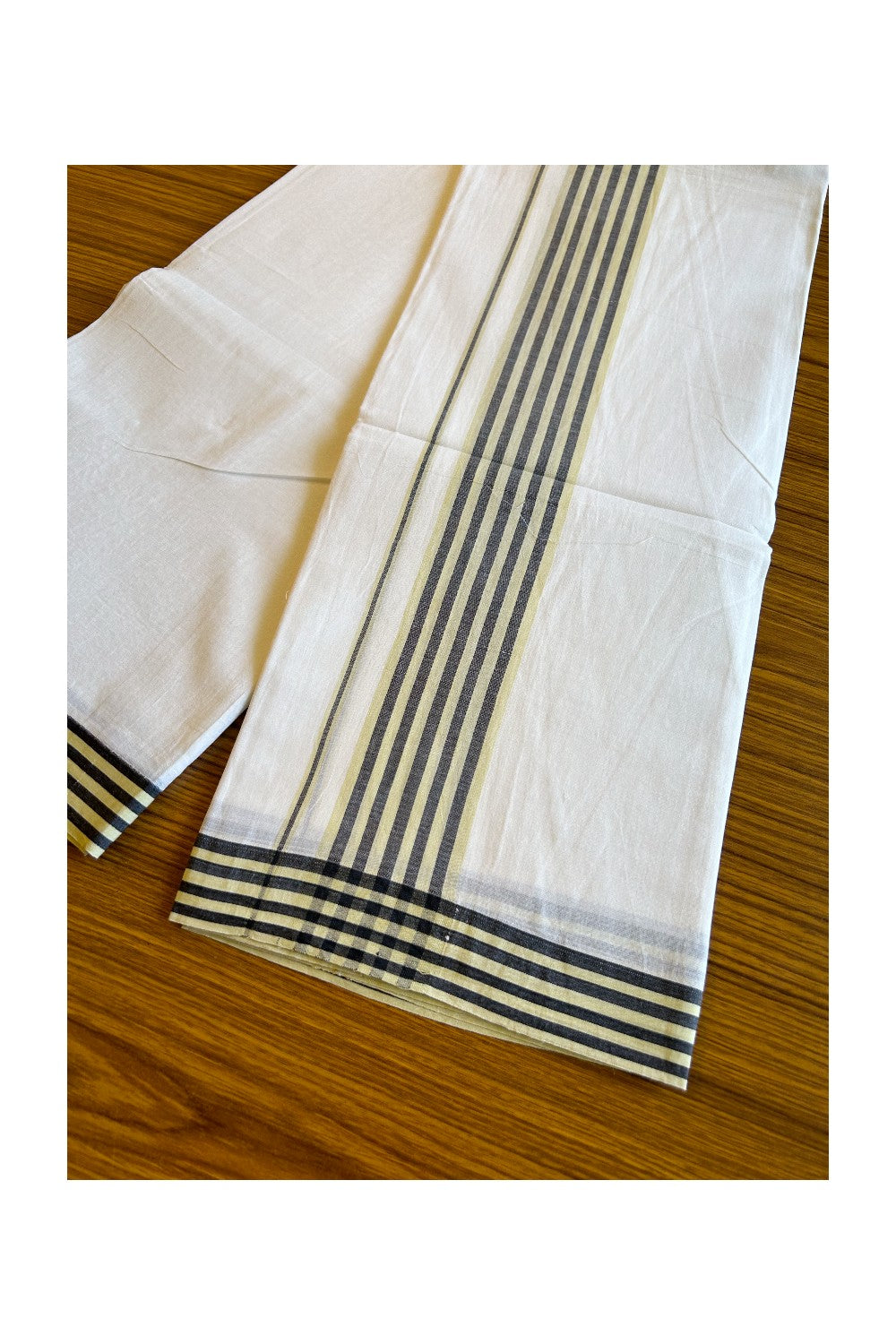 29% DISCOUNT! KaithariKada Balaramapuram 100% Cotton Ultra WHITE Double Mundu/Dhoti-100x100 2.5 inch Light Yellow & Black Stripes Cotton kara 3.70m- 1KK493RAM