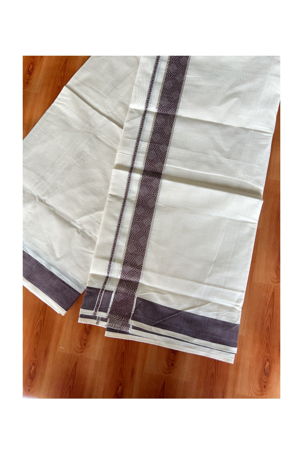 KaithariKada Balaramapuram 100% Cotton off white Double Mundu/Dhoti - 100X100 Silver kasavu & Brown designer kara - 1KK5003PMC