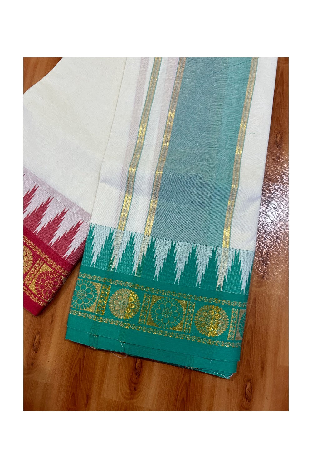 36% DISCOUNT! KaithariKada  Cotton Mix .Off White - (Unbleached)  80x80 thread - 80% Cotton & 20 Polyester -NORTH INDIAN  ATTACHED GAMCHA 9X5 Dhoti 6 inch Green Kasavu kara with Red Green Kasavu border  - 1KK5005PMC