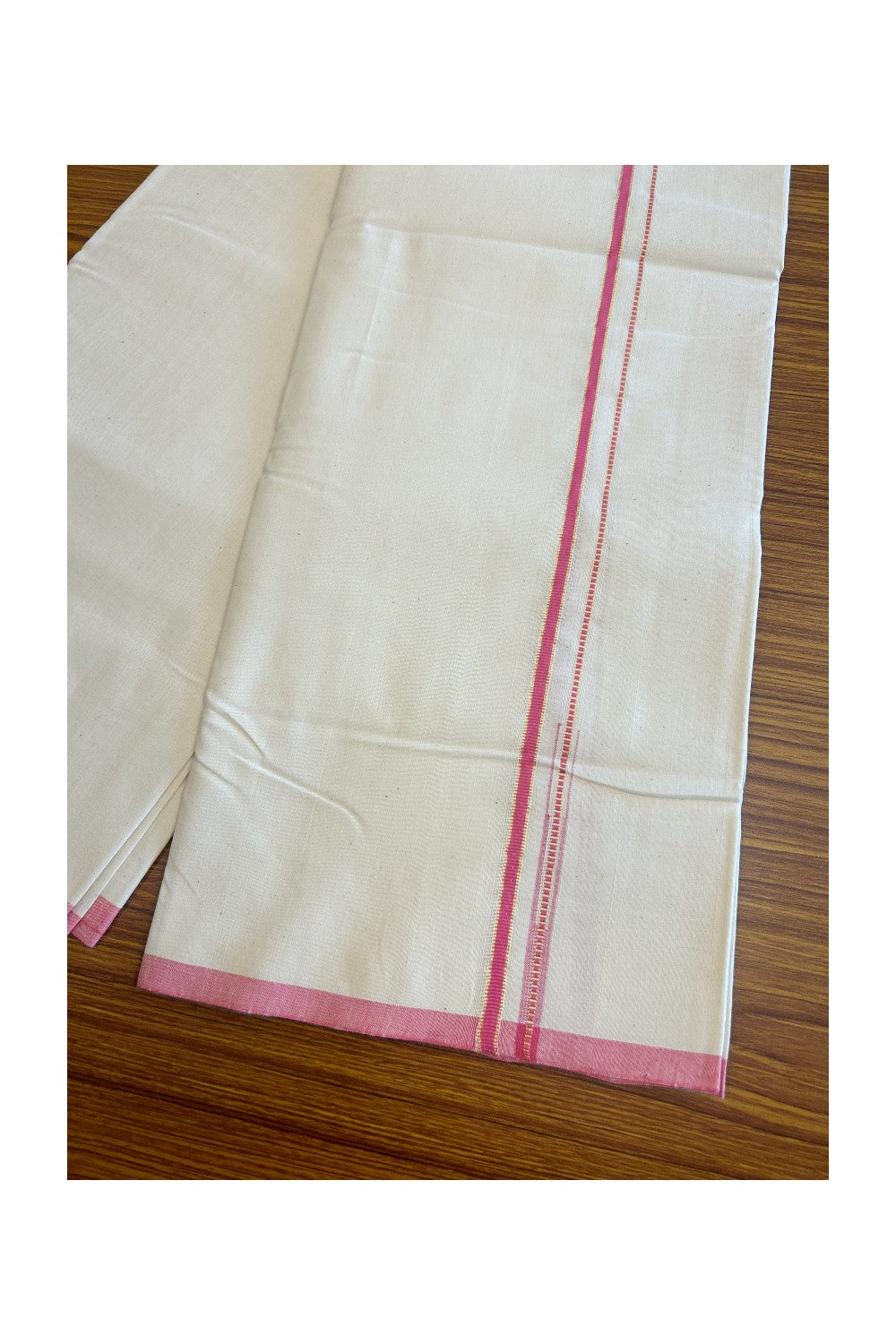 SIGNATURE KAITHARIKADA EXCLUSIVE SINGLE DHOTI - 100% Cotton Balaramapuram HANDLOOM Single Mundu/Dhoti - Off White - (Unbleached) 0.25 Inch Muthukuri Pink & KASAVU Chutty Kara- 1KK5010KAI