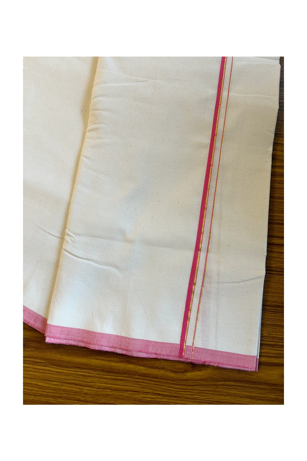 SIGNATURE KAITHARIKADA EXCLUSIVE SINGLE DHOTI - 100% Cotton Balaramapuram HANDLOOM Single Mundu/Dhoti - Off White - (Unbleached) 0.5 inch Pink & Gold Kasavu Kara- 1KK5013KAI