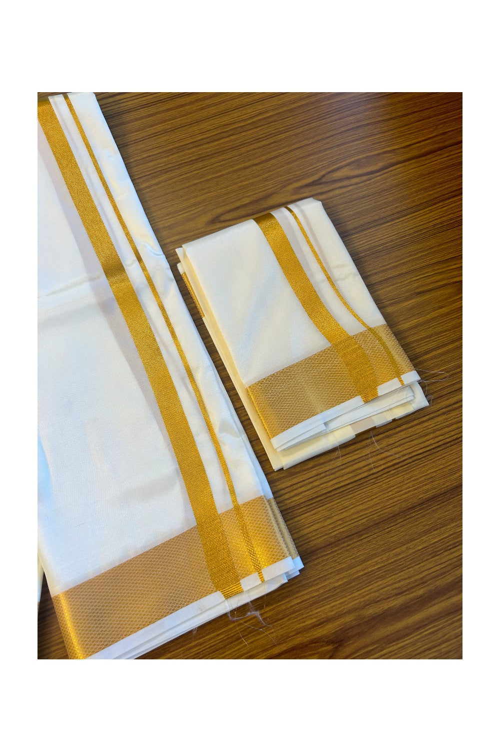 KaithariKada Balaramapuram 100% Art Silk Double Mundu/Dhoti & Neriyath - 1.5inch Gold Kasavu kara - 2KK5015KAN