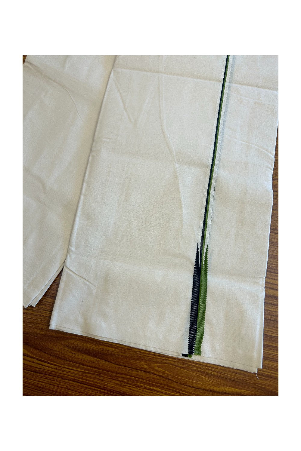 28% DISCOUNT ! KaithariKada Balaramapuram 100% COTTON SINGLE OFF WHITE - (Unbleached) Mundu/Dhoti-100X100 -  0.5 Inch Puliyilakkara Green & Black Chutty (2 metre / 4 muzham)-  1KK5018ASH