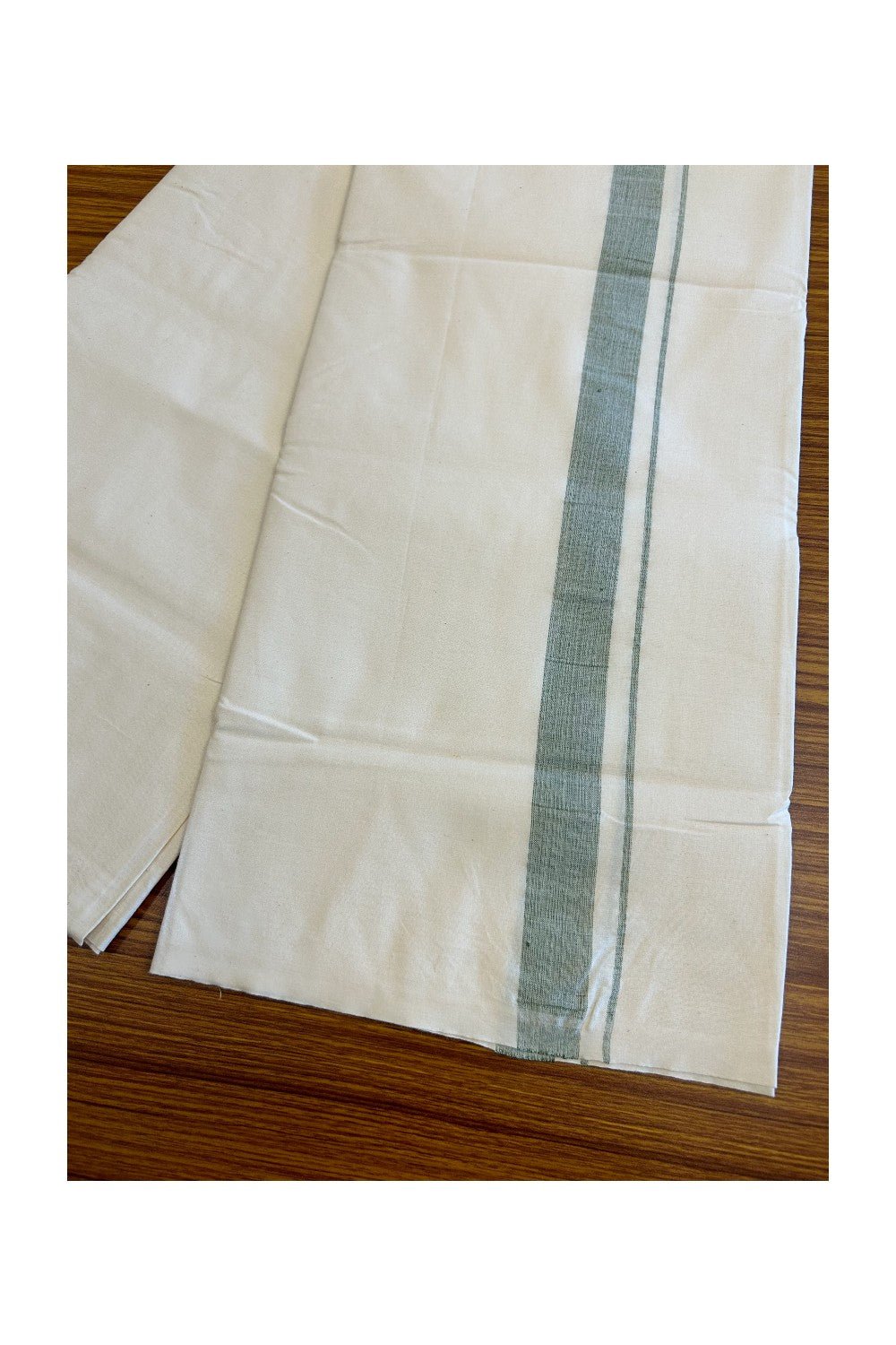 14% DISCOUNT ! KaithariKada Balaramapuram 100% COTTON SINGLE OFF WHITE Mundu/Dhoti-Twisted 100s Thread- 1.5 inch Shaded Green Kara- 1KK5019ASH