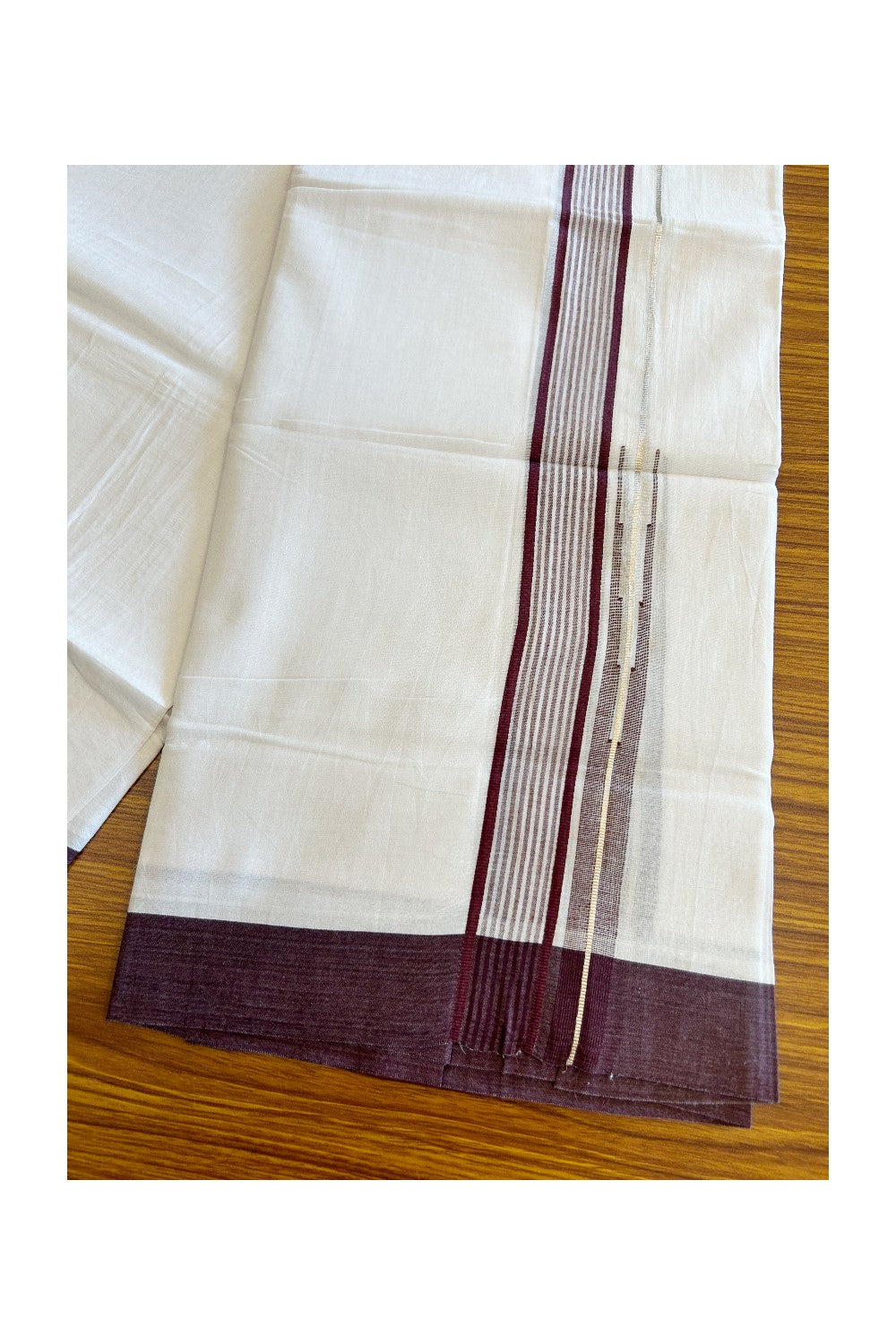 Kaitharikada  Balaramapuram 100% Pure Cotton PURE WHITE Double Mundu/Dothi - 80x92 -1.5 Inch  Maroon & Silver striped Chutty kara - 1KK5022VAN