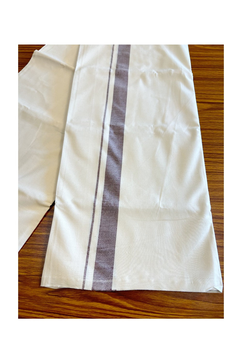 14% DISCOUNT ! KaithariKada Balaramapuram 100% COTTON SINGLE OFF WHITE - (Unbleached) Mundu/Dhoti-Twisted 100s Thread- 1.5 inch DARK MAROON Kara  (2 metre / 4 muzham) - 1KK5028ASH