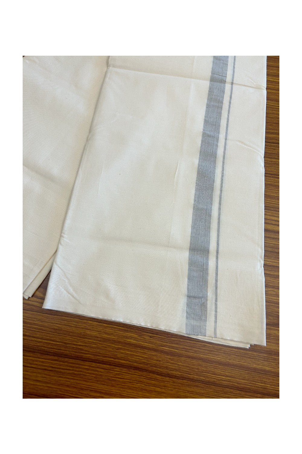 20% DISCOUNT ! KaithariKada Balaramapuram 100% COTTON SINGLE OFF WHITE - (Unbleached) Mundu/Dhoti-Twisted 100s Thread- 1.5 inch Shaded Ash Grey Kara (2 metre / 4 muzham)- 1KK5030ASH