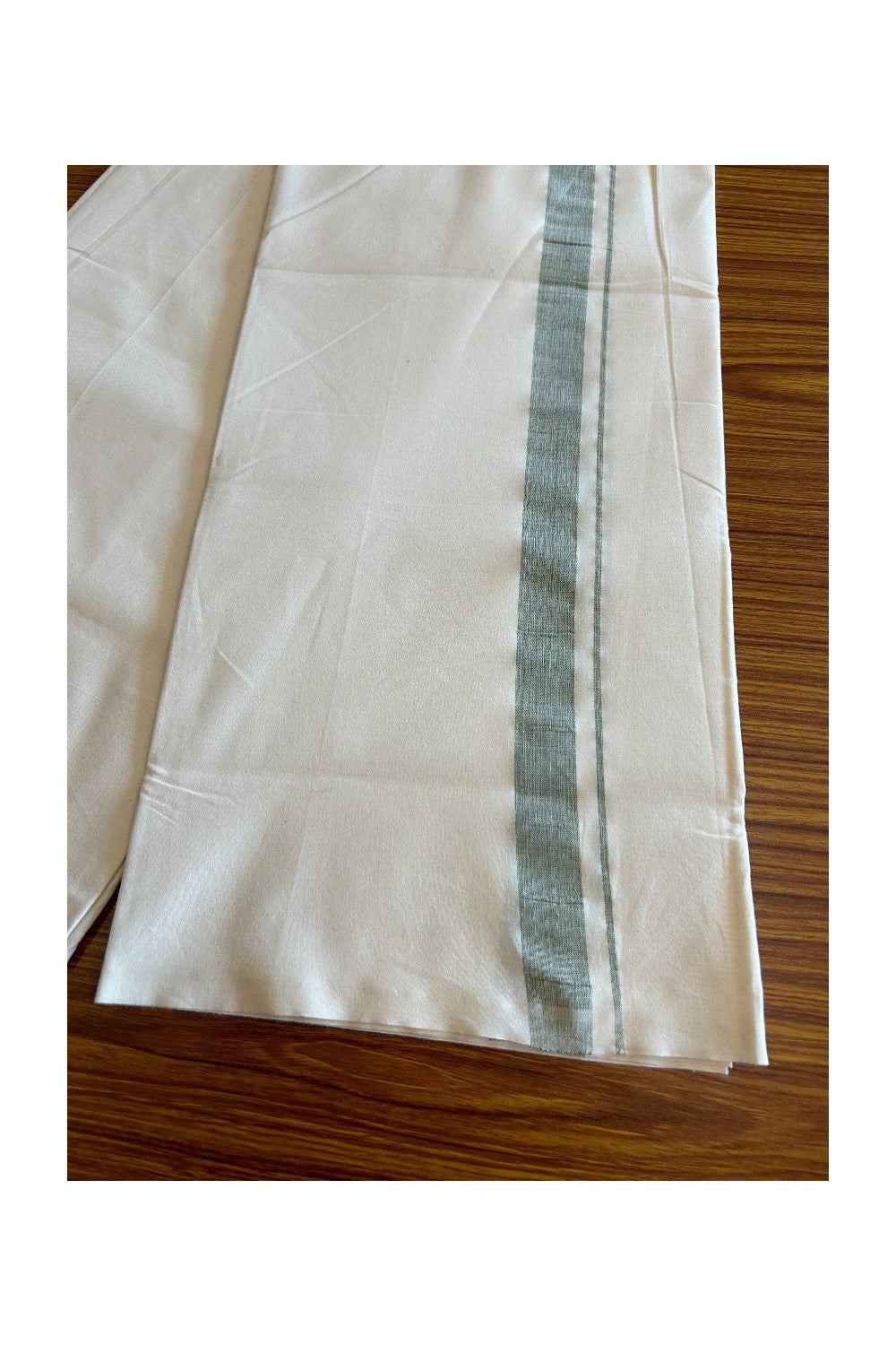 13% DISCOUNT ! KaithariKada Balaramapuram 100% COTTON SINGLE OFF WHITE - (Unbleached) Mundu/Dhoti-Twisted 100s Thread- 1.5 inch Shaded Green Kara- 1KK5036ASH