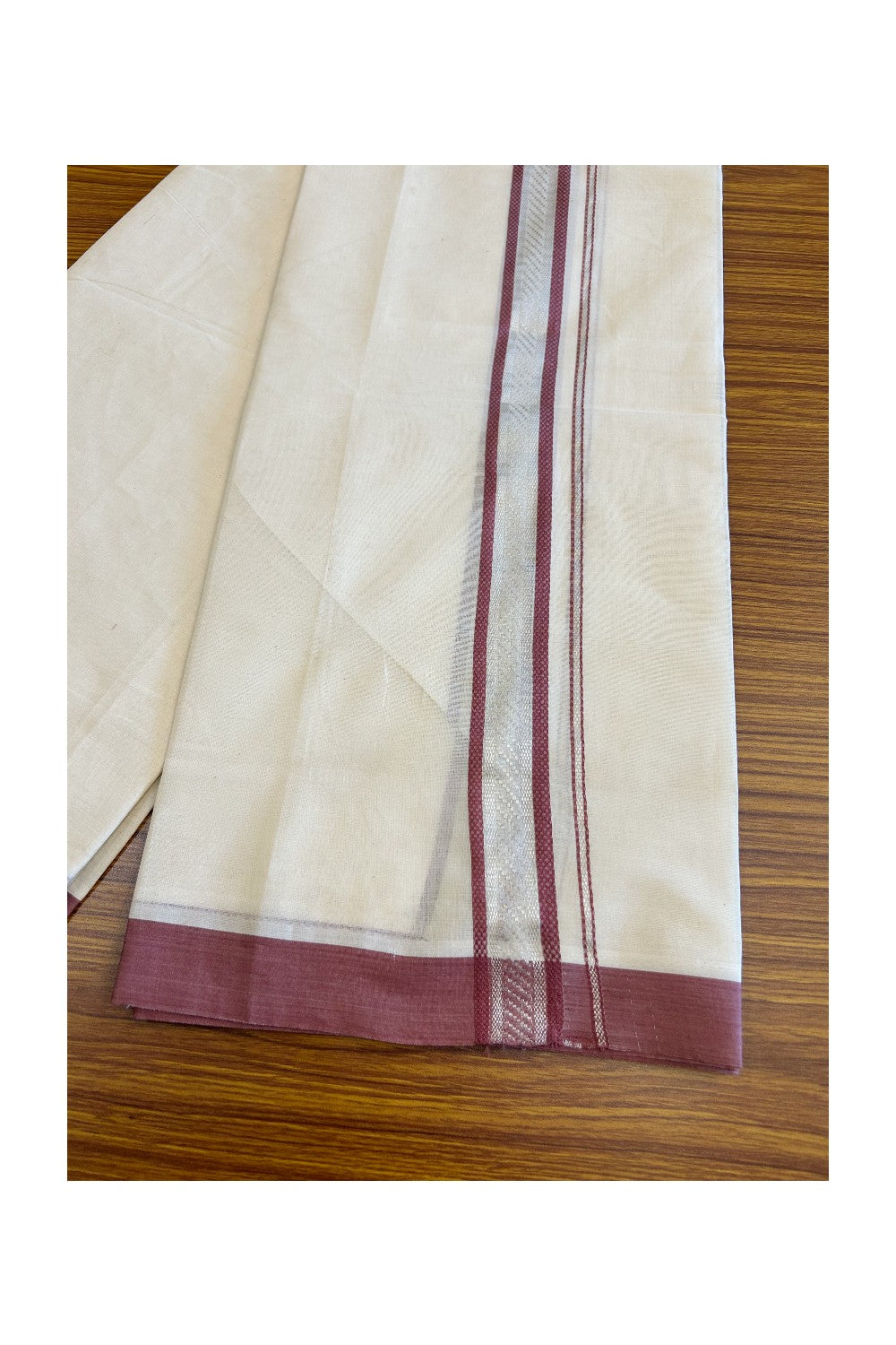 5% Discount!!! KaithariKada Balaramapuram  Double Off white - (Unbleached) Mundu/Dhoti - 80X90 - 2.25 inch SILVER  KASAVU & Dusty maroon pattern Kara - 1KK5037KAI