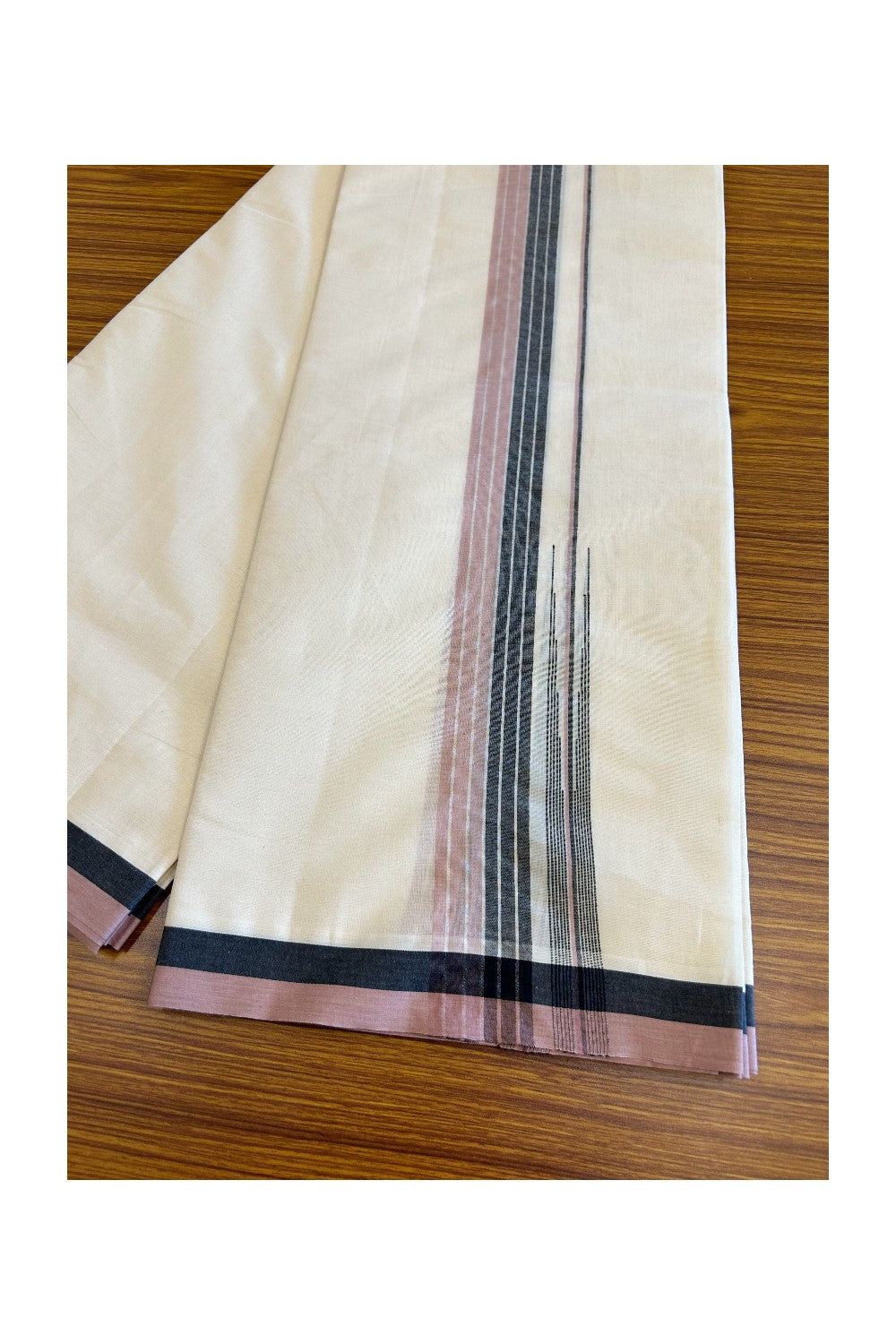 5% Discount!!! KaithariKada Balaramapuram  Double Off white - (Unbleached) Mundu/Dhoti - 80X90 - 1.75 inch Black Pink & Silver Striped puliyilakkara chutty Striped Kara- 15KK5037KAI