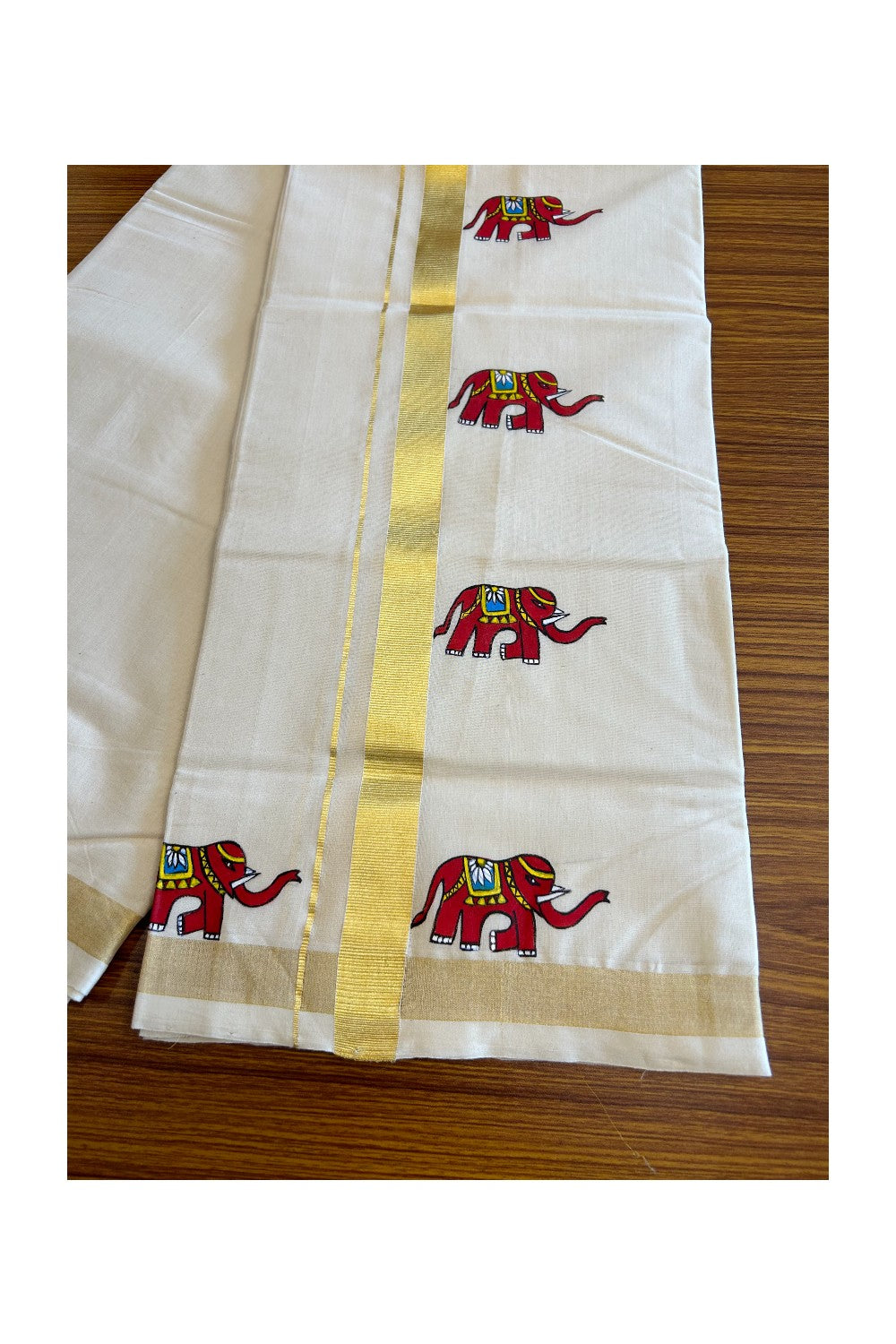 KaithariKada HANDLOOM Millpaav Balaramapuram - 100% PURE Cotton OFF White Double Mundu/Dothi - 1.75 Inch Hand Painted Elephant Design & Kasavu Kara - 1KK5038KK