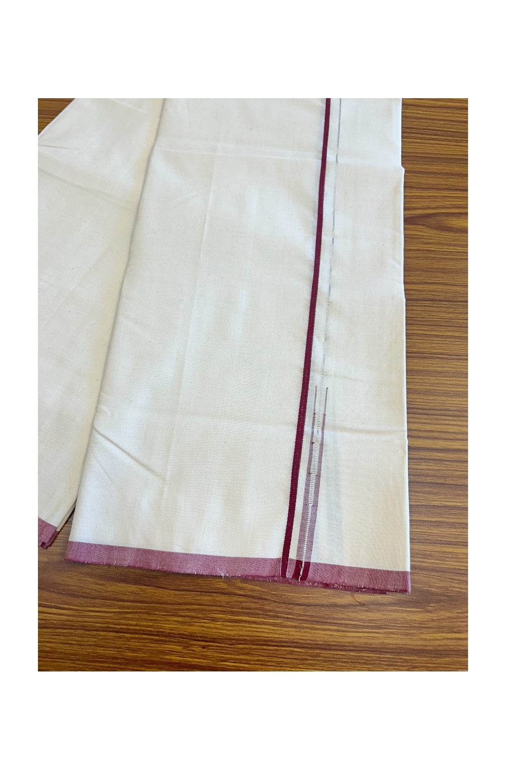 SIGNATURE KAITHARIKADA EXCLUSIVE SINGLE DHOTI - 100% Cotton Balaramapuram HANDLOOM Single Mundu/Dhoti - Off White - (Unbleached) 0.5 cm Maroon & Silver KASAVU Chutty Kara - 1KK5040KAI