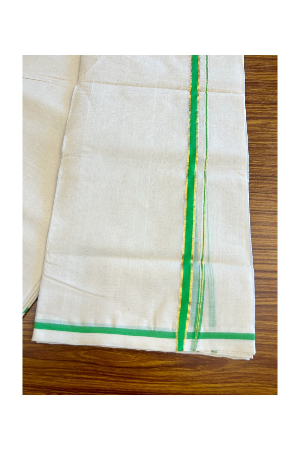 15% DISCOUNT! KaithariKada HANDLOOM Millpaav Balaramapuram - 100% PURE Cotton off white (Unbleached) Double Mundu/Dhoti -  1.cm Chutty Puliyilakkara Fluorescent Green & Kasav-129