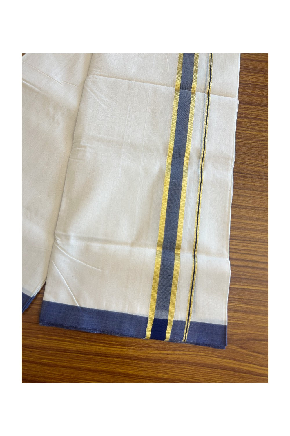 21% Discount KaithariKada HANDLOOM Unakkupaav Balaramapuram - 100% PURE Cotton Off White (Unbleached) - 100x100 Double Mundu/Dhoti -  1.inch Gold Kasavu Navy Blue Kara- 89