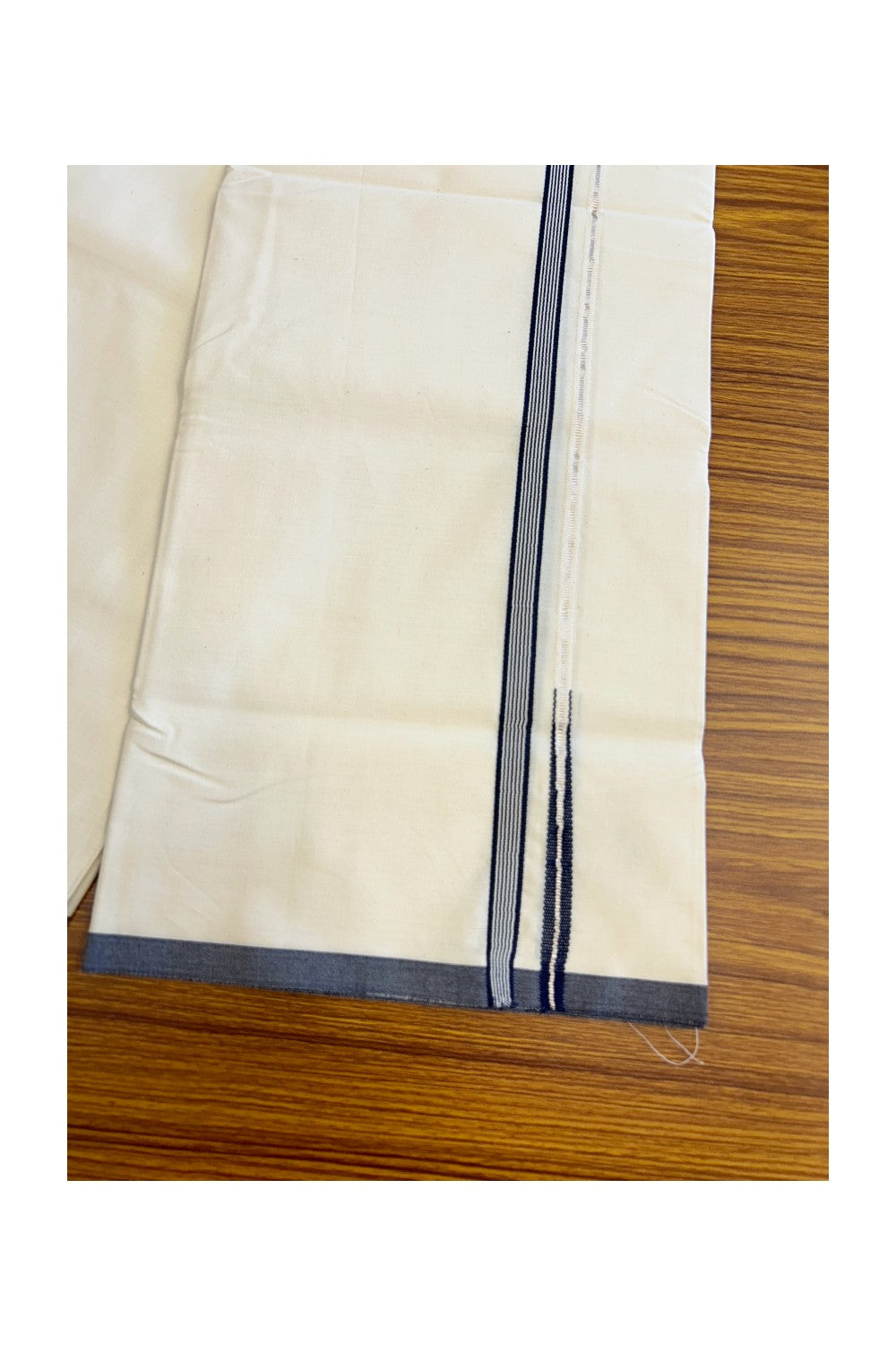 20% Discount!! KaithariKada Balaramapuram 100% COTTON SINGLE OFF WHITE - (Unbleached) Mundu/Dhoti - 100X100 - 0.5 Inch Navy Blue Striped Silver Puliyilakkara Chutty - 1KK5045ASH