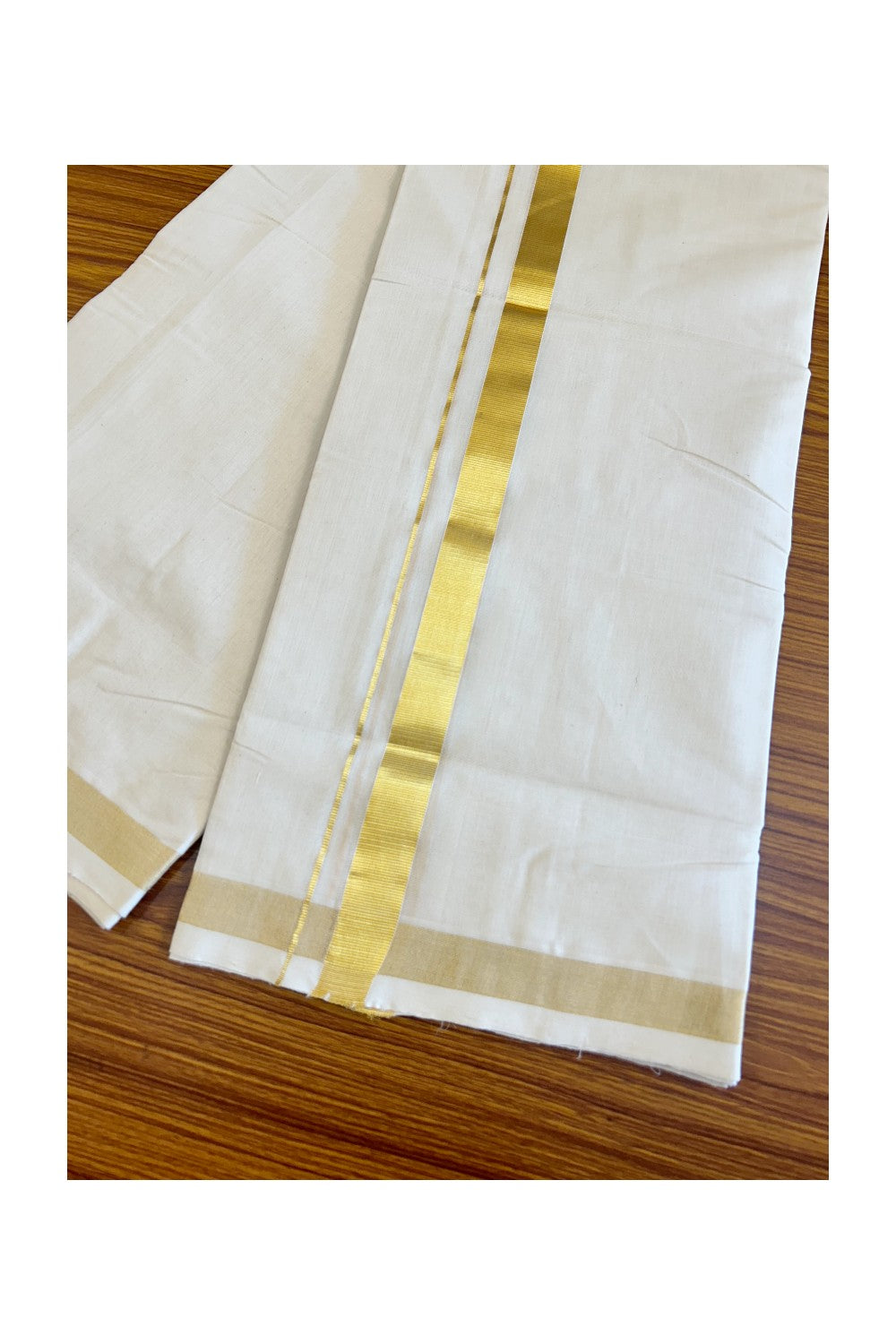 15% Discount!!! KaithariKada HANDLOOM UNAKKUPAAV Balaramapuram - 100% PURE Cotton off white Double Mundu/Dhoti - 1.75 inch Kasavu Kara - 1KK504RAM