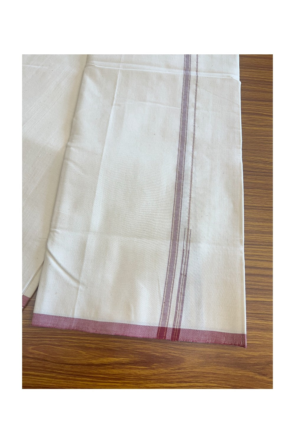 SIGNATURE KAITHARIKADA EXCLUSIVE SINGLE DHOTI - 100% Cotton Balaramapuram HANDLOOM Single Mundu/Dhoti - Off White - (Unbleached) - 1 cm Maroon & KASAVU Chutty Kara- 1KK5050KAI