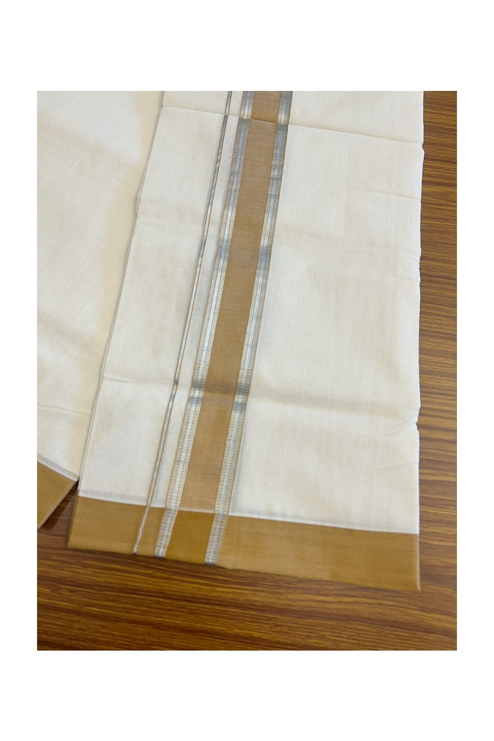 21% Discount KaithariKada HANDLOOM Unakkupaav Balaramapuram - 100% PURE Cotton Off White - 100x100 Double Mundu/Dhoti - 2.25 inch Silver Kasavu Stripes Light Brown Kara- 221