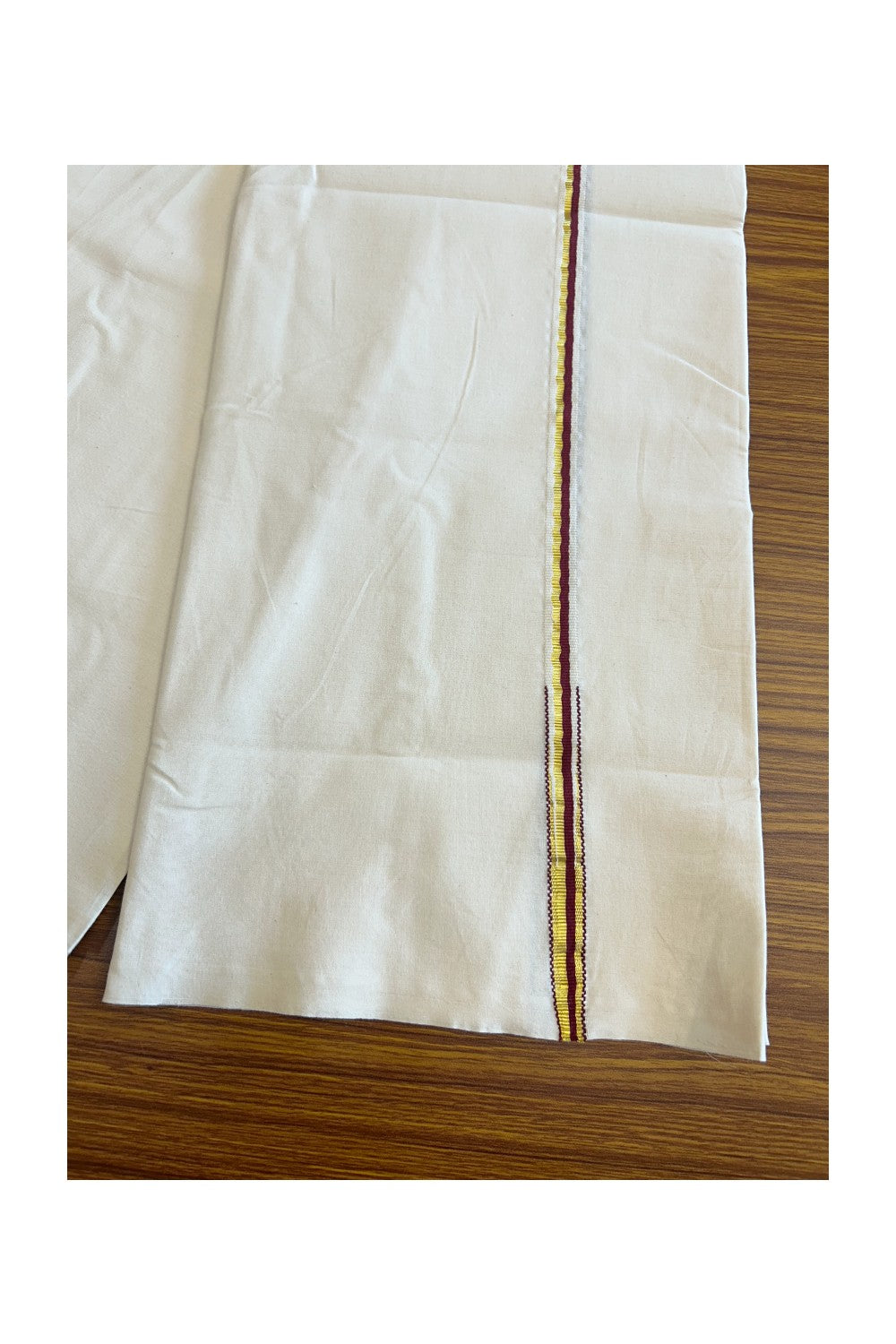 19% Discount!! KaithariKada Balaramapuram 100% COTTON SINGLE OFF WHITE - (Unbleached) Mundu/Dhoti - 100X100 - 0.5 Inch Maroon & Gold Kasav Puliyilakkara Chutty - 1KK5055ASH