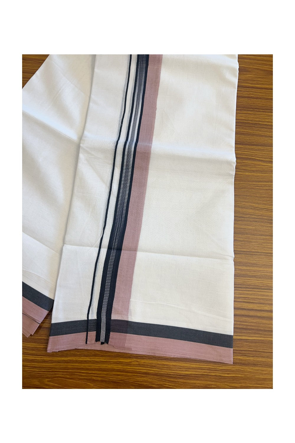 19% Discount!!! KaithariKada Balaramapuram PURE WHITE Double  Mundu/Dhoti - 80X90 - 2 inch  Dusty Rose  & Black pattern kara 3.85 meters - 1KK5058GUN