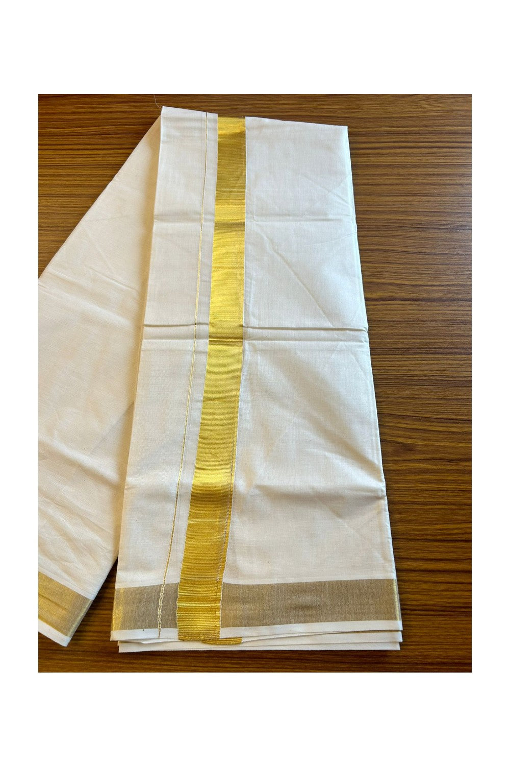 26% Discount !! KaithariKada Balaramapuram 100% Cotton Double Off White - (Unbleached) Mundu/Dhoti & Neriyath (80X72) -  2 inch Gold Kasavu kara - 1KK5064KK