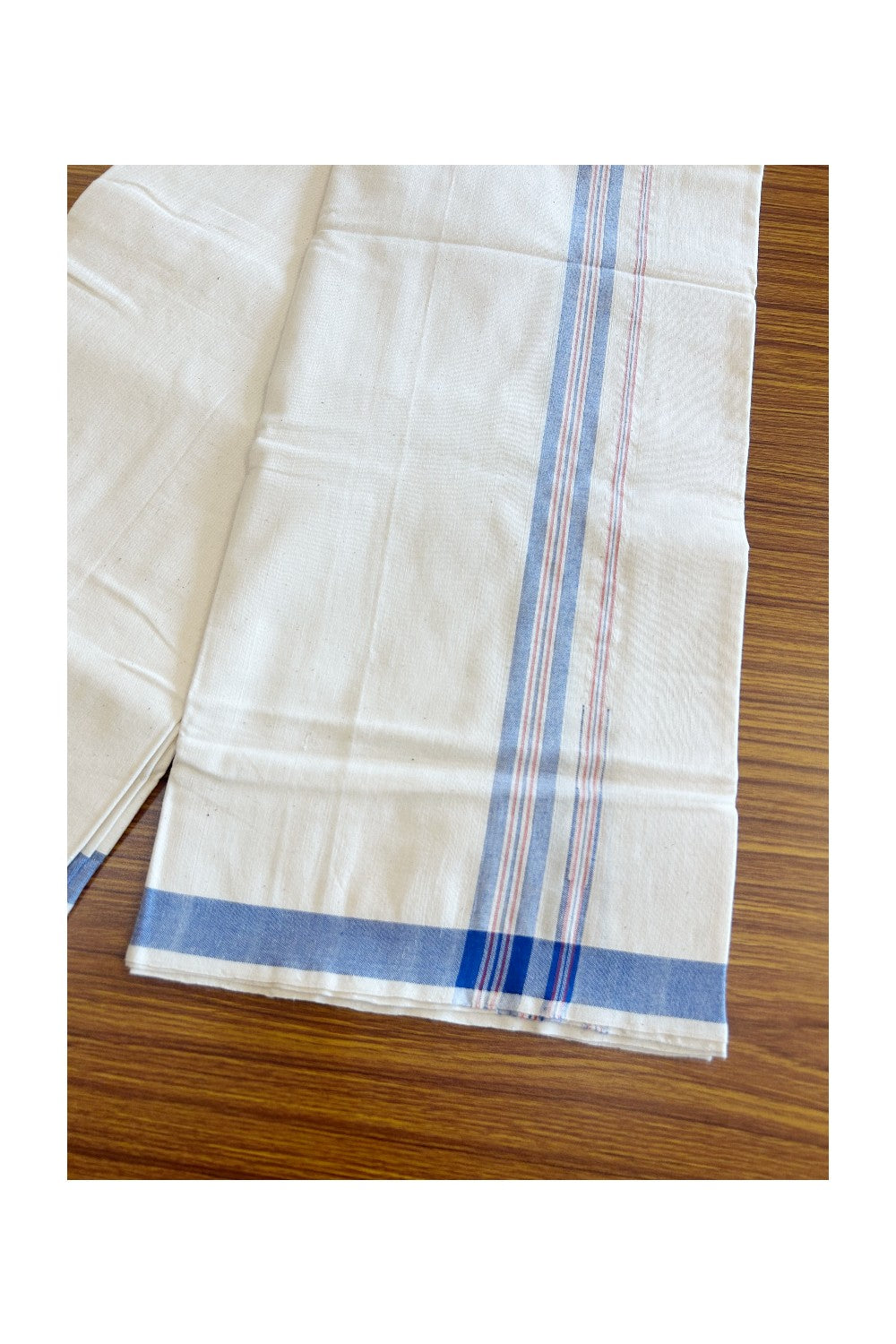 32% Discount ! KaithariKada 100% Cotton Balaramapuram HANDLOOM Single Mundu/Dhoti - Off White (Unbleached) 1.Inch Blue & Red Stripes Kasavu Puliyilakkara Chutty- KAIR04.