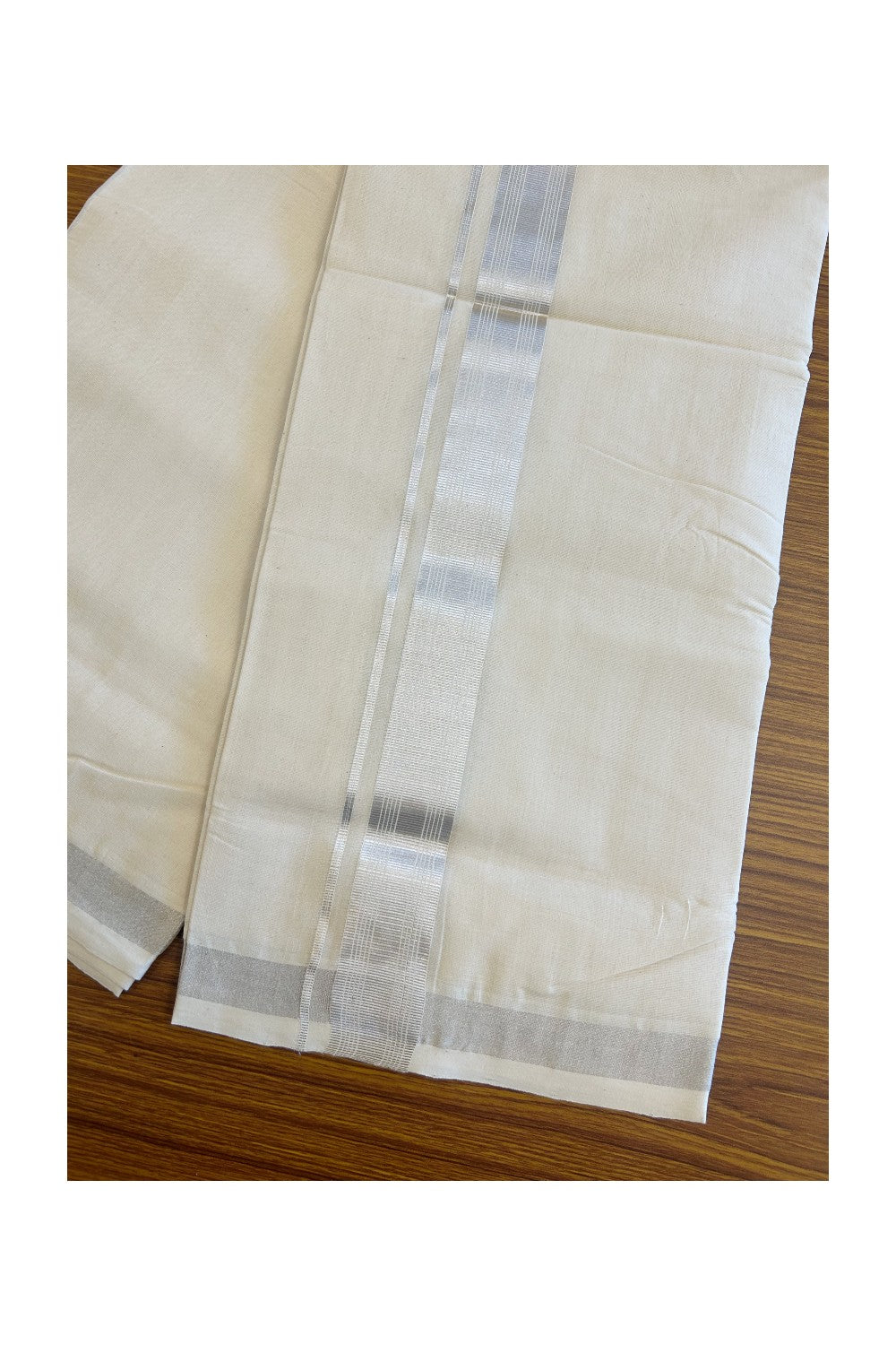 25% DISCOUNT ! KaithariKada HANDLOOM Millpaav Balaramapuram - 100% PURE Cotton Off White (Unbleached) Double Mundu/Dhoti - Silver KASAVU Stripes Design-5KK43RAN.