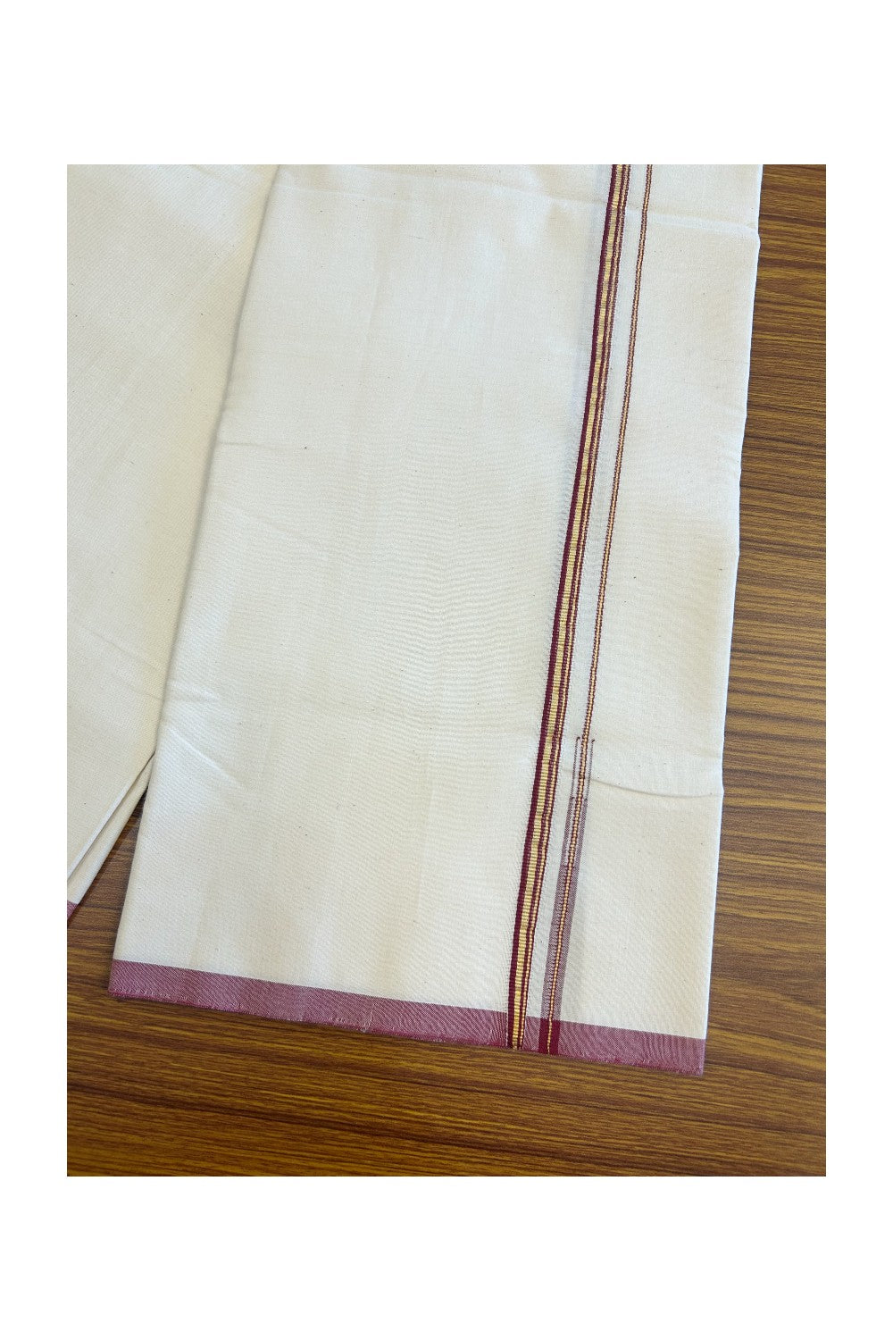 SIGNATURE KAITHARIKADA EXCLUSIVE SINGLE DHOTI - 100% Cotton Balaramapuram HANDLOOM Single Mundu/Dhoti - Off White - (Unbleached) 1 cm Maroon & KASAVU Striped Chutty Kara- 1KK5075KAI