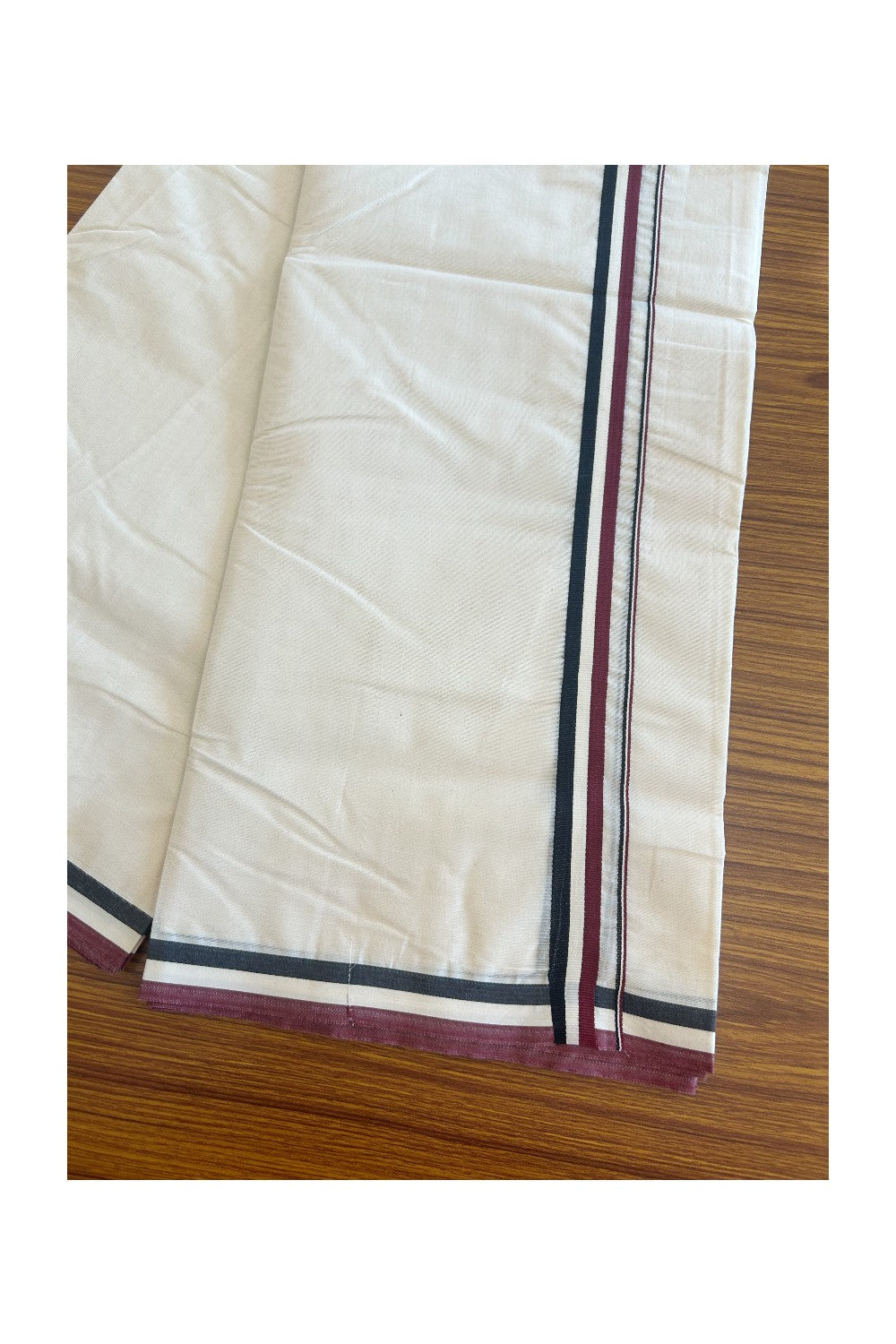 19% DISCOUNT! KaithariKada 100% Cotton off white Double - (Unbleached) Mundu/Dhoti - 100X100 - 1.25 inch Black White & Maroon kara - 1KK5076ASH