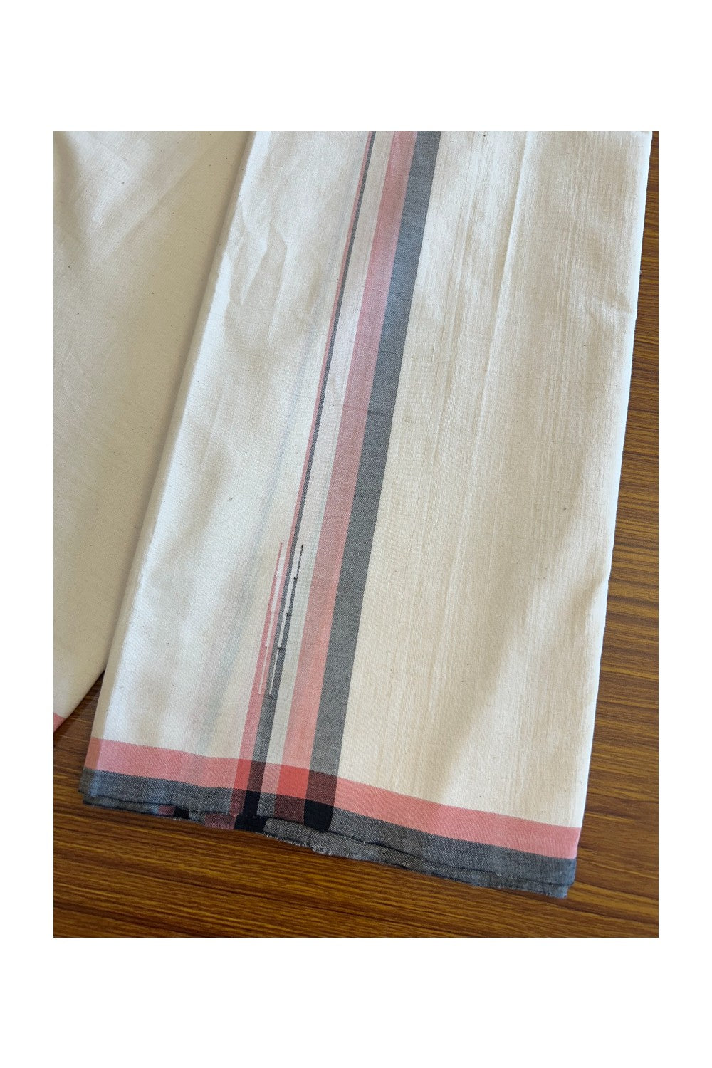 SIGNATURE KAITHARIKADA EXCLUSIVE SINGLE DHOTI - 100% Cotton Balaramapuram HANDLOOM Single Mundu/Dhoti - Off White - (Unbleached) 1 inch Peach & Black Chutty Kara- 1KK5078KAI