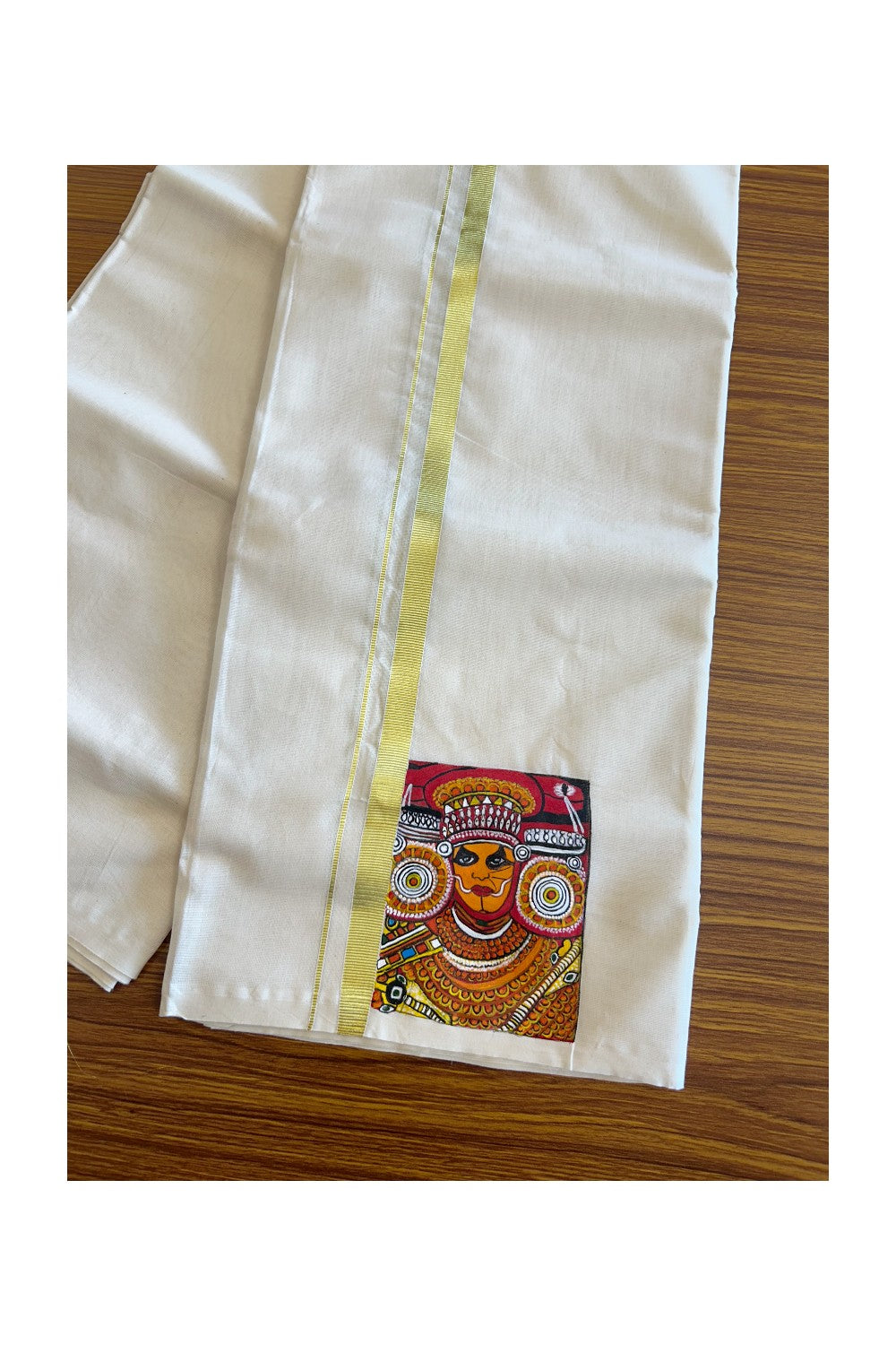 KaithariKada Balaramapuram 100% Cotton Double Off white - (Ubleached) Mundu/Dhoti-100x80 1 inch Kasavu & Hand Painted Theyyam Design Kara 3.70 meter- 1KK5083ASH