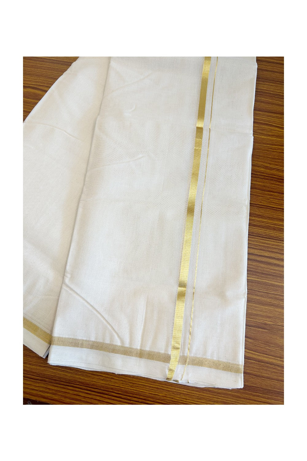 19% Discount !! KaithariKada HANDLOOM Millpaav Balaramapuram - 100% PURE Cotton Off white (Unbleached) Double Mundu/Dhoti - 1 inch Kasavu Kara - 1KK5082RAM